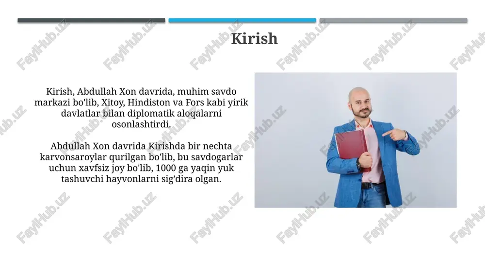 chilikni qoʻllab-quvvatlashi buxoroni oʻsha davrda markaziy osiyoning yirik madaniy markaziga aylantirdi va bu meros bugungi kungacha saqlanib qolgan. xulosa "xulosa" 16-asrning oxirida abdulaziz ibn abdulla xon tomonidan tuzilgan abdulla ii ning hayoti va hukmronligi haqidagi asosiy tarixiy manba hisoblanadi. ushbu asar abdulla xonning harbiy yurishlari, siyosiy islohotlari va movarounnahrning iqtisodiy yuksalishi kabi muhim davrlarni batafsil yoritib beradi. e'tiboringiz uchun rahmat image2.jpg image3.jpg image4.jpg image5.jpg image6.jpg image7.jpg image8.jpg image9.jpg image10.jpg image11.jpg image12.jpg