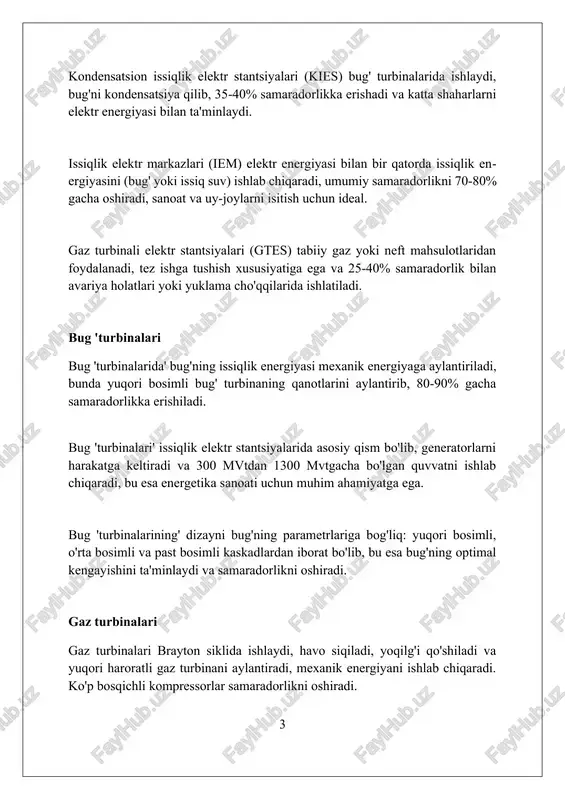 . misol uchun, qozon trubkalari uchun maxsus qotishmalar ishlatiladi, bu esa ularning 10-15 yil ishlashini ta'minlaydi. yoqilg'i va yonish yoqilg'i issiqlik qiymati, odatda mj/kg yoki btu/lb da o'lchanadi, yonish jarayonida ajralib chiqadigan energiyaning miqdorini aniqlaydi va o'simlik samaradorligiga ta'sir qiladi. yonishning stoxiometrik nisbati ideal holatda yoqilg'ining to'liq yonishi uchun zarur bo'lgan havo miqdorini anglatadi, odatda 1 kg yoqilg'i uchun 14-15 kg havo hisoblanadi. tutun gazlaridagi nox (azot oksidi) emissiyasi yonish harorati bilan bevosita bog'liq. 1300°c dan yuqori haroratda nox hosil bo'lish tezligi eksponensial ravishda oshadi. sovutish tizimlari sovutish tizimlari bug 'turbinalaridan chiqadigan bug'ni kondensatsiyalash uchun muhim, vakuum hosil qiladi (taxminan -85 kpa), bu turbinaning samaradorligini 10-15 foizga oshiradi. ochiq siklli sovutish tizimlari katta miqdordagi suvdan foydalanadi, ammo atrof-muhitga issiqlik ta'sirini kamaytirish uchun diffuzerlar yoki sovutish minoralaridan foydalanishi mumkin. yopiq siklli tizimlar aylanma suvdagi ifloslik darajasini (odatda 500 ppm dan past) saqlab, suv sarfini kamaytiradi va kimyoviy ishlov berish xarajatlarini pasaytiradi. …