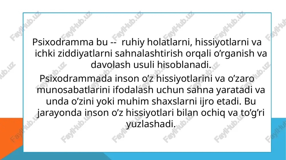 orzulari va ular hayotdan kelib chiqqan assotsiatsiyalar haqida gapirib berdi. moreno o'z g'oyalarini freyd bilan polemikada rivojlantirdi , u bemorning passiv rolini va psixoterapevtik jarayonning "birma-bir" sodir bo'lishini yoqtirmasdi. morenoning freyd bilan uchrashuvi haqida ma’lumotlar bor, u yerda moreno shunday degan: "men siz to'xtatgan joydan ham uzoqroqqa boraman. siz bemorga gapirishga ruxsat berdingiz, men esa unga harakat qilishiga ruxsat beraman. siz mashg'ulotlaringizni ofisingizda o'tkazasiz, men uni yashaydigan joyga - oilasi va jamoasiga olib kelaman. bu so'zlardan ko'ra "haqiqiyroq"; biz muammoni chiroyli yoki xunuk ko'rsatishimiz mumkin, lekin biz harakat qilishni boshlaganimizda, mo'jizalar sodir bo'ladi. agar biz psixodramani oddiy so'zlar bilan ta'riflashga harakat qilsak, unda quyidagi metafora yaxshi bo'ladi: "har bir insonning ichki dunyosi bor, unda ba'zi bir xayoliy hodisalar doimo sodir bo'ladi. biz o'tmishni eslaymiz va kelajakni tasavvur qilamiz, aqliy suhbatlar o'tkazamiz (biz uchun muhim bo'lgan odamlar bilan va o'zimiz bilan). ba'zida biz hatto o'zimiz bilan ziddiyatga tushamiz. boshqacha qilib aytganda, …