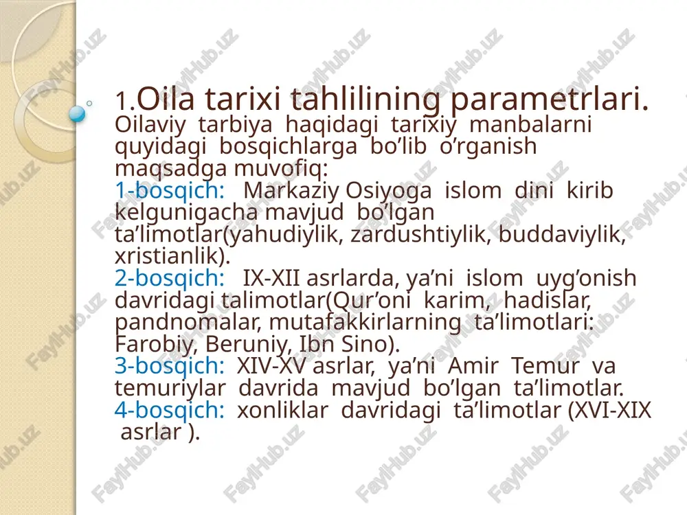 k va yetishmovchilik). malaka va pastlik. (ijodkorlik va pastlik majmuasi) o’smirlar inqirozi.( shaxsiyat va rollarning chalkashligi). o’rta yoshdagi nizolar.(yaqinlik va yolg’izlik). halollik va umidsizlik. 3. muhim hayotiy voqealikka tizimli yondashuv. uchta paradigma mavjud. -familistik (inqiroz) -progressiv (rivojlanish) -feministik (gender stereotiplariga qarshi kurash) oilaviy tarbiyaning vazifalari nimalardan iborat ? ular quyidagilardan iborat: - bolaning o’sishi va rivojlanishi uchun maksimal sharoitlarni yaratish. -oilani yaratish va saqlash tajribasi, unda bolalarni tarbiyalash va oqsoqollarga bo’lgan munosabatni yetkazish . -bolalarga o’z o’ziga xizmat qilish va yaqinlariga yordam berishga qaratilgan foydali amaliy ko’nikma va ko’nikmalarni o’rganish. -o’z qadr-qimmatini qadrlashni tarbiyalash. oila tarbiyasining eng umumiy tamoyillari: - o’sib borayotgan odamga nisbatan insonparvarlik va rahm-shavqat. -teng huquqli ishtirokchilar sifatida bolalarni oilaviy hayotga jalb qilish taxalluslari. -oilaviy munosabatlarda ochiqlik va ishinch. -oilaviy munosabatlarning baqbullugi. -oqsoqollarning talablariga muvofiqligi. - bolaga har tomonlama yordam berish, savolarga javob berishga tayyorlik. 4.oilaviy senariylar va ularning qaytarilishi. oila tuzulishini o’rganish usullari. oilaning ichki surati …