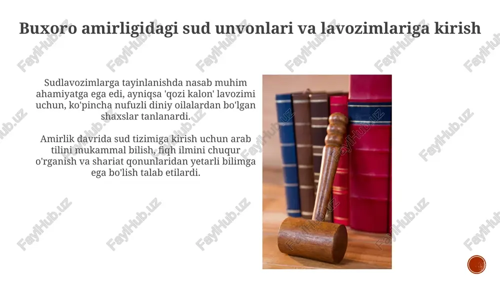 sudlavozimlari, xususan, qozi ul-quzzot (bosh qozisi) amirlik siyosatida katta rol o'ynab, shariat qonunlarining qat'iy qo'llanilishini ta'minlagan. amirlikdagi mirshab (politsiya boshlig'i) lavozimi tinchlikni saqlash, jinoyatchilikka qarshi kurashish va sud qarorlarining ijrosini ta'minlashda muhim ahamiyatga ega edi. e'tiboringiz uchun rahmat image5.jpg image6.jpg image7.jpg image8.jpg image9.jpg image10.jpg image11.jpg image12.jpg image13.jpg image14.jpg image15.jpg image1.png image2.png image3.png