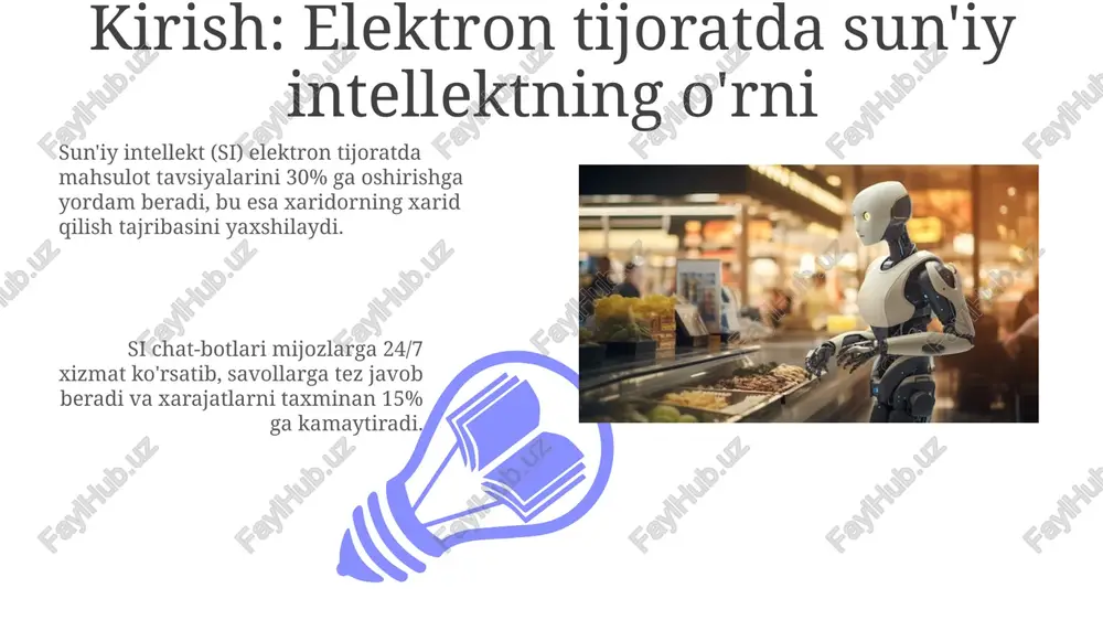 moqlari (cnn), tasvirdagi ob'ektlarni aniqlash va o'xshash mahsulotlarni topish uchun ishlatiladi. tasvirni tahlil qilish orqali e-commerce platformalari mahsulot sifatini avtomatik baholaydi, 95% aniqlikda nuqsonlarni aniqlaydi va mijozlarga ishonchli ma'lumot beradi. sun'iy intellektning elektron tijoratdagi kelajagi va tendentsiyalari sun'iy intellekt shaxsiy tavsiyalarni 70% ga oshirishi mumkin, bu esa mijozlar tajribasini yaxshilash va konversiya darajasini oshirishga olib keladi. kelajakda ai vizual qidiruv texnologiyalari orqali 50% ko'proq mahsulot sotishga yordam beradi, bu esa tasvirlar orqali qidiruvni osonlashtiradi. xulosa: muammolar, imkoniyatlar va keyingi qadamlar 01 02 xulosada, ai usullarini e-commerce'da qo'llashda ma'lumotlar sifati va xavfsizligi bilan bog'liq muammolarni hal qilish uchun 2024-yilda yangi algoritmlar ishlab chiqish imkoniyatlari mavjud. sales 1st qtr 2nd qtr 100 0 sales 1st qtr 2nd qtr 100 0 e'tiboringiz uchun rahmat image5.jpg image6.jpg image7.jpg image8.jpg image9.jpg image10.jpg image11.jpg image12.jpg image13.jpg image14.jpg image15.jpg image16.jpg image1.jpeg image2.jpeg image3.jpeg