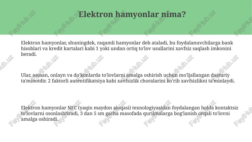 ning yetishmasligi kabi holatlar bartaraf etiladi. kichik to'lovlar, masalan, 2500 so'mlik avtobus chiptasi yoki 7000 so'mlik non uchun naqd pul topish qiyinligi elektron hamyonlar orqali oson hal etiladi. elektron to'lovlar tizimi 99.9% holatda to'lovlarni aniq amalga oshiradi va naqd puldagi 1-2% chalkashlik ehtimolini kamaytiradi, bu esa xatolikni minimallashtiradi. ekologik afzalliklar elektron to'lovlar transport vositalaridan emissiyani kamaytiradi. odamlar bankka borish yoki pul olish uchun sayohat qilish zarurati kamroq bo'ladi, natijada uglerod izi pasayadi. elektron hamyonlar qog’oz cheklari va bank bayonotlariga bo’lgan ehtiyojni kamaytiradi, bu esa yillar davomida millionlab daraxtlarni saqlab qolishga yordam beradi, qog’oz ishlab chiqarish ifloslanishini pasaytiradi. raqamli to'lovlar fizik to'lov tizimlariga nisbatan energiya samaradorroq bo'lishi mumkin. elektron hamyonlar orqali tranzaksiyalar odatda kamroq energiya sarflaydi. bu juda muhim ustunlik hisoblanadi. e'tiboringiz uchun rahmat