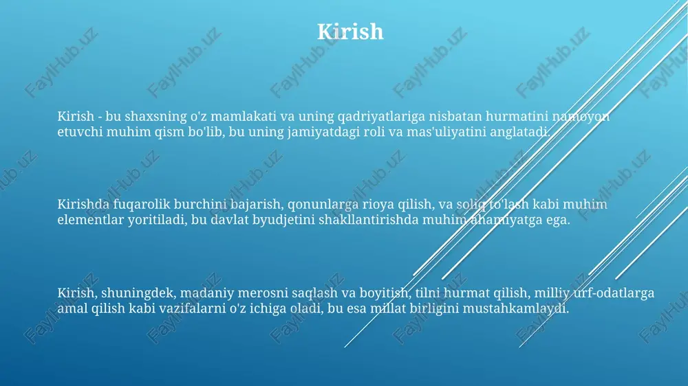 yoshdan keyin jamiyat farovonligiga hissa qo'shishni anglatadi. burch, fuqaro sifatida, konstitutsiyaga rioya qilishni, qonunlarni hurmat qilishni va 18 yoshga to'lgandan so'ng soliq to'lashni o'z ichiga oladi. fuqarolik burchi, 30 yoshdan so'ng saylovlarda ishtirok etish, mudofaa vazifalarini bajarish va davlat mulkini himoya qilishni o'z ichiga oladi. xulosa xulosa, tadqiqotning yakuniy bosqichi sifatida, olingan 7 asosiy natijalarni umumlashtiradi va 3 ta muhim tavsiyani taqdim etadi, kelajakdagi ishlar uchun yo'nalish beradi. xulosa 10% lik xatolik ehtimolini hisobga olgan holda, asosiy topilmalarni tasdiqlaydi va ishning amaliy ahamiyatini 2 ta sohada ko'rsatib beradi. xulosa 5 ta asosiy dalilni birlashtirgan holda, o'rganilgan 4 ta gipotezani qisman tasdiqlaydi va kelgusida 2 xil usulda tadqiqotni davom ettirishni taklif etadi. e'tiboringiz uchun rahmat