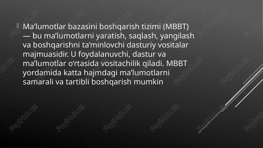 lar bazasiga faqat serverda ro‘yxatdan o‘tgan, mos huquqlarga ega foydalanuvchi ulanishi mumkin. himoya tizimidan access 2002 loyihalarni himoya qilish uchun foydalanish haqidagi batafsil ma’lumotni sql server hujjatlarida toppish mumkin. insonlarga tushinarli bo‘lgan tabiiy til, matåmatik formulalar, jadvallar, grafiklar va boshqa vositalar yordamida bajarilgan bu tavsif ma’lumotlar bazasini loyihalash ustida ish yuritishda ma’lumotlarning infologik modåli dåb ataladi. e’tiboringiz uchun rahmat ! image1.png image2.png image3.png image4.jpeg image5.jpeg image6.png image7.jpeg /docprops/thumbnail.jpeg