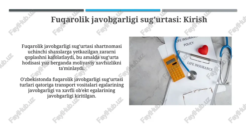 uzilishi sababli 20 tonnadan ortiq chiqindilarning hosil bo'lishi yoki tabiiy resurslarga zarar yetishi bilan bog'liq bo'lishi mumkin. sug'urta qoplamasi va sug'urta hodisalari sug'urta qoplamasi sug'urtalovchining sug'urta hodisasi sodir bo'lganda sug'urtalangan shaxsga yoki manfaatdor shaxsga to'lanadigan pul mablag'idir. sug'urta hodisasi – shartnomada ko'rsatilgan va uning yuzaga kelishi sug'urtalovchining majburiyatini keltirib chiqaradigan, tasodifiy va kutilmagan voqeadir. sug'urta to'lovlarini amalga oshirish tartibi sug'urta to'lovlari, sug'urta hodisasi yuz bergandan so'ng, 30 kun ichida, sug'urta kompaniyasi tomonidan qoplanadi, agar shartnomada boshqa muddat ko'rsatilmagan bo'lsa. to'lov miqdori, yetkazilgan zararning hajmiga va sug'urta shartnomasida ko'rsatilgan sug'urta summasiga bog'liq bo'lib, ortiqcha to'lovlar qonun bilan tartibga solinadi. o'zbekistonda fuqarolik javobgarligi sug'urtasi amaliyoti va tendentsiyalari o'zbekistonda avtomobil egalarining fuqarolik javobgarligini majburiy sug'urtasi 2002-yilda joriy etilgan bo'lib, hozirda 30 million so'mgacha bo'lgan zararni qoplaydi. 2023-yilda fuqarolik javobgarligi sug'urta bozorida raqamlashtirish tendentsiyasi kuchaydi, onlayn polislar sotuvi 25% ga oshdi. e'tiboringiz uchun rahmat image1.png image2.jpg image3.jpg image4.jpg image5.jpg image6.jpg image7.jpg image8.jpg image9.jpg image10.jpg …