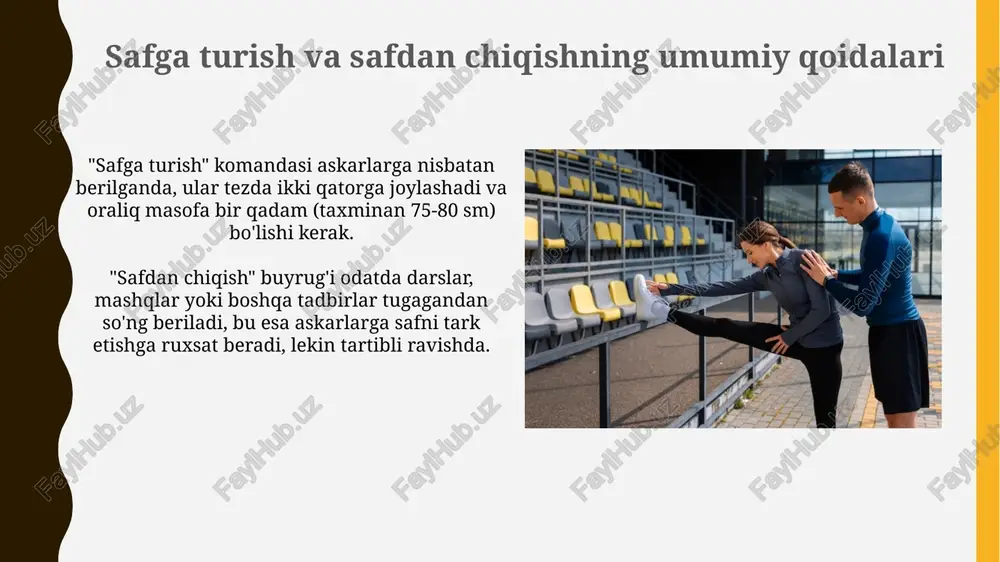 . yopiq saf holatidan ochiq saf holatiga o'tish uchun, odatda 'ochil!' komandasi beriladi, bunda har bir askar o'z o'rnidan 2 qadam yon tomonga siljiydi. xulosa va savol-javoblar xulosa qismida mashq bajarishning umumiy qoidalariga oid 3 ta asosiy nuqtani takrorlang, masalan, safni to‘g‘rilash va qayta to‘g‘rilashning ahamiyati. savol-javoblar sessiyasi davomida tinglovchilardan mashqlar davomida safni ochish va yopish kabi murakkab hollarda yuzaga keladigan muammolar haqida so‘rang. e'tiboringiz uchun rahmat image1.png image2.jpg image3.jpg image4.jpg image5.jpg image6.jpg image7.jpg image8.jpg image9.jpg image10.jpg image11.jpg image12.jpg