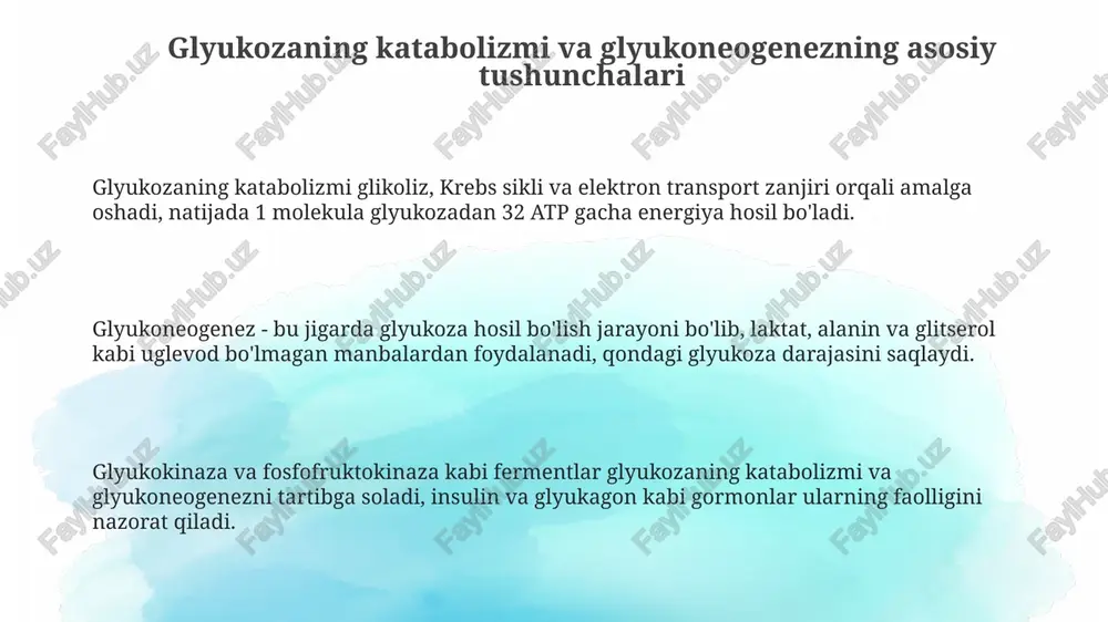 di, bu esa mitoxondriyadan sitozolgacha bo'lgan asosiy bosqich hisoblanadi, natijada laktik asidoz paydo bo'ladi. diagnostika, davolash va boshqaruv strategiyalari glyukoza katabolizmi buzilishlarini tashxislashda qon glyukozasini monitoring qilish va oral glyukoza tolerantlik testini o'tkazish muhim ahamiyatga ega, ayniqsa neonatal davrda. davolash strategiyalari ferment yetishmovchiligining turiga qarab o'zgaradi, lekin ko'pincha parhezni o'zgartirish, masalan, kamroq uglevodli ovqatlar iste'mol qilishni o'z ichiga oladi. gluconeogenez kasalliklarini boshqarish uchun tez-tez ovqatlanish va tungi kraxmalni qo'llash kabi strategiyalar qonda glyukoza darajasini barqaror ushlab turishga yordam beradi. e'tiboringiz uchun rahmat image2.png image1.png