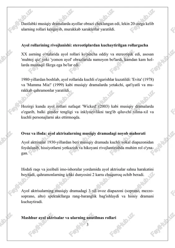 zlarini yaratishda 1-o'rinda turadi, ularning ko'rsatmalari aktrisaning rolini shakllantirishda muhim ahamiyatga ega. 2-bosqichda dramaturglarning dialoglari xarakterni ochib beradi. dramaturg 3 pog'onada ayol qahramonning orzu-umidlarini, rejissyorlar esa 4 talqin orqali uning ichki dunyosini sahnada tasvirlaydi, bu esa spektaklga realizm qo'shadi. rejissyorlar 5 xil usulda sahna harakatini aniqlasa, dramaturg 6 ta asosiy mavzuni o'z ichiga olgan matnlar orqali ayol obrazini har tomonlama yoritadi. ayol aktrisalar uchun imkoniyatlar va qiyinchiliklar ayol aktrisalar ko'pincha erkak rollarga nisbatan kamroq 3d xarakterli, chuqur hikoyaga ega personajlarni olishlari mumkin, bu esa ularning ijodiy imkoniyatlarini cheklaydi. ko'pgina musiqiy dramalarda ayol rollar 'go'zal qiz', 'azob chekuvchi' kabi stereotiplarga asoslanadi, bu esa aktrisalarning san'atkor sifatida o'sishiga to'sqinlik qiladi. ayol aktrisalar uchun musiqiy dramada 50/50 tenglikka erishish uchun jinsiy zo'ravonlik va noto'g'ri munosabatlar kabi muhim mavzularni o'z ichiga olgan yangi spektakllar yaratish kerak. musiqiy dramada feministik nuqtai nazar musiqiy dramadagi feministik tahlil 1970-yillarda ayollarning ekspluatatsiyasi va gender rollari tanqidini kuchaytirdi, 20-asrning …