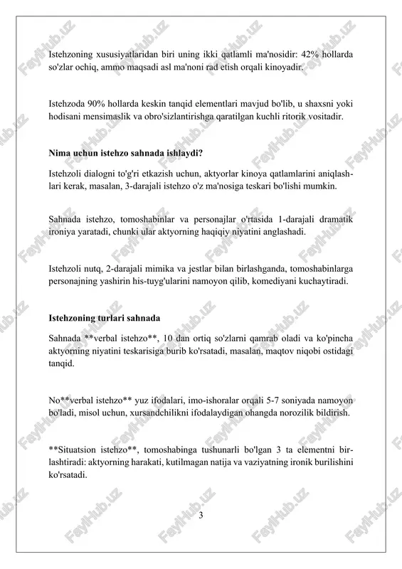 stehzoni 100% ko'rsatishdan tiyiling, chunki u qahramonning xususiyatlarini buzishi va tomoshabinlarning 65% tushunmovchiligiga olib kelishi mumkin. istehzoda me'yorni 30% dan oshirmang, aks holda bu rol ijrosini sun'iy ko'rsatishi mumkin. bu esa, tabiiylikning 80% yo'qolishiga olib keladi. agar istehzo qahramonning asosiy xususiyati bo'lmasa, uni spektaklda 2-3 marotabadan ko'p ishlatmang, aks holda u 90% tasodifiy bo'lib qoladi. istehzo komediyada kinoya komediyada qahramonlarning nozikligi va ijtimoiy tabaqalarini aks ettiradi, bu esa 18-asr frantsuz pyesalarida keng qo'llanilgan, masalan molyer asarlarida. istehzoli replikalar komediyada personajlarning asl his-tuyg'ularini yashirish vositasi sifatida ishlatiladi, bu esa tomoshabinlarga kulgili vaziyatlarga chuqurroq kirib borishga imkon beradi. o'zbek komediyalarida kinoya orqali 2 xil ma'no yashiriladi, bunda maqsad kulgini ta'minlash va personajlar o'rtasidagi ichki ziddiyatlarni ochib berishdan iborat bo'ladi. istehzo dramada istehzoli dramada iboralar ma'nosini teskarisiga aylantirish 18-asr yevropa teatrida keng tarqalgan edi, masalan, yuqori tabaqaning qashshoqlikka istehzosi. ba'zi 20-asr o'zbek dramalarida istehzo qahramonlarning ichki ziddiyatlarini ochib beradi, bu 1930-yillarda totalitarizmga qarshi …