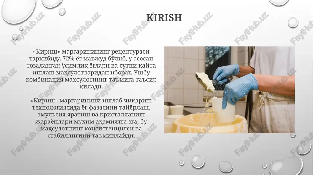 oqlashda margarinning namlik miqdori 16% dan oshmasligi, kislorod ta'sirini kamaytirish va mahsulot yaroqlilik muddatini 12 oygacha uzaytirish uchun maxsus materiallar qo'llaniladi. margarinni qadoqlash jarayonida 20-25°c harorat optimal hisoblanadi, bu yog'larning to'g'ri kristallanishiga yordam beradi va mahsulotning shaklini saqlashga imkon beradi. sifat nazorati sifat nazorati margarin ishlab chiqarishda juda muhim, bunda yog 'kislotalari tarkibi, namlik miqdori va peroksid soni kabi ko'rsatkichlar gost standartlariga muvofiqligi tekshiriladi. margarin sifatini nazorat qilish texnologik jarayonning har bir bosqichida amalga oshiriladi, xom ashyodan tortib to tayyor mahsulotgacha, mikrobiologik xavfsizlik va organoleptik xususiyatlar ham baholanadi. margarinning oziqlik qiymati margarin tarkibidagi yog'lar, asosan, o'simlik yog'laridan bo'lib, 80% gacha bo'lishi mumkin va bu yurak-qon tomir salomatligi uchun muhim bo'lgan to'yinmagan yog' kislotalari manbai hisoblanadi. ayrim margarinlar vitaminlar (a, d, e) bilan boyitiladi, bu esa kundalik ratsionda ushbu vitaminlarning yetishmasligini qoplashga yordam beradi, ayniqsa, qish mavsumida bu juda muhim ahamiyatga ega. margarinning afzalliklari va kamchiliklari margarinning afzalligi shundaki, u tarkibida …