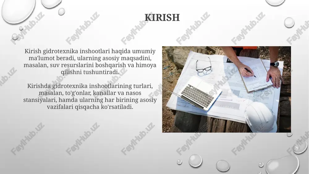 tuproqli, betonli va tosh to'g'onlar kabi turlarga bo'linadi. har bir tur o'ziga xos loyihalash talablari va 100 yillik xizmat muddatiga ega. kanalizatsiya inshootlari kanalizatsiya inshootlari aholi punktlaridan chiqadigan oqava suvlarni yig'ish, tozalash va utilizatsiya qilish uchun mo'ljallangan bo'lib, suv havzalarini ifloslanishdan saqlaydi, sanitariya normalarini ta'minlaydi. oqava suvlarni tozalash bosqichlari 3 ta asosiy protseduradan iborat: mexanik, biologik va kimyoviy tozalash, har bir bosqich suvdan turli xil ifloslantiruvchi moddalarni olib tashlaydi. nasos stansiyalari nasos stansiyalari 10 metrdan ortiq balandlikka suvni ko'tarish uchun zarur, bunda ular quduqlar, daryolar yoki suv omborlaridan suv olishni ta'minlaydi. stansiyalarning ishlash samaradorligi nasos uskunalari tanloviga bog'liq, bunda yuqori unumdorlik va energiya tejamkorligiga erishish uchun texnik hisob-kitoblar muhim. xulosa gidrotexnika inshootlarining ishonchliligi 95% dan yuqori bo'lishi kerak, bu ularning uzoq muddatli va xavfsiz ishlashini ta'minlaydi hamda 100 yillik suv toshqini xavfini kamaytiradi. inshootlarning barqarorligi 1.2 dan yuqori bo'lishi, suv bosimi, zilzila va boshqa tashqi ta'sirlarga bardosh berish qobiliyatini anglatadi, …