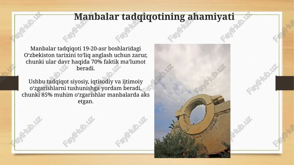 tnomasi kabi, mintaqadagi rus ta'sirining kuchayishi va amirlikning avtonomiyasi cheklanishini ko'rsatadi. arxeologik topilmalar 19-asr oxiri va 20-asr boshlaridagi arxeologik topilmalar o'rta osiyo tarixini yorituvchi muhim manbalardan biri bo'lib, ko'plab artefaktlar topilgan. miloddan avvalgi iv-iii asrlarga oid kushon madaniyatiga tegishli bo'lgan termizdagi dalvarzin tepa xarobalari muhim arxeologik yodgorlik hisoblanadi. etnografik ma'lumotlar 19-asr oxiri va 20-asr boshlarida rus etnograf olimlari oʻzbeklar hayoti, turmushi, urf-odatlari haqida koʻplab maʼlumotlar toʻplagan va bu maʼlumotlar etnografik tadqiqotlar uchun qimmatli manba boʻlgan. etnografik ma'lumotlar tarkibiga o'zbeklarning oilaviy munosabatlari, nikoh marosimlari, bolalar tarbiyasi va mehmon kutish kabi an'analari kiradi, bu esa o'sha davr madaniyatini tushunishga yordam beradi. davlat soliq hujjatlari "davlat soliq hujjatlari" 19-asr oxiri va 20-asr boshlarida yer solig'i (tanob puli) va chorvachilik solig'i (zakot) kabi asosiy soliqlar yig'ilishini qayd etgan muhim manbalardir. ushbu hujjatlar, ayniqsa qo'qon xonligi va buxoro amirligi kabi mintaqalarda, soliq to'lovchilarning ro'yxati, soliq miqdori va to'lov muddatlari haqida ma'lumot beradi. xususiy shaxslar arxivi …