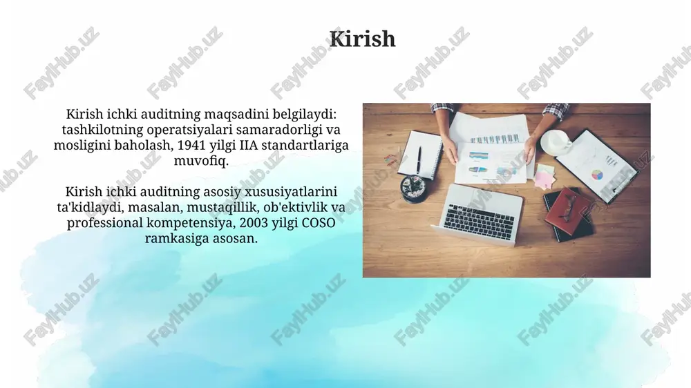 ruv qarorlarining asosliligini baholaydi, xavflarni aniqlaydi. ichki auditning roli va ahamiyati ichki audit tashkilotning risklarni boshqarish tizimining samaradorligini baholashda muhim rol o'ynaydi, bu esa 1-darajali nazorat vazifasini to'ldiradi. ichki auditning ahamiyati moliyaviy hisobotlarning ishonchliligi, operatsiyalarning samaradorligi va qonunlarga rioya qilishni ta'minlashda 2 karra ortadi. ichki audit jarayoni ichki audit jarayoni risklarni baholash bilan boshlanadi, bu erda tashkilotning 1-darajali risklari aniqlanadi va audit rejasi shu asosda tuziladi, maqsad – samaradorlikni oshirish. ichki audit jarayonida dalillarni yig'ish muhim bosqich bo'lib, 2-darajali tekshiruvlar, so'rovlar va hujjatlarni tahlil qilish orqali ma'lumotlar to'planadi, xatolarni aniqlash uchun. xulosa xulosa ichki auditning samaradorligini baholash, aniqlangan kamchiliklarni bartaraf etish rejalarini tasdiqlash va xavflarni minimallashtirish bo'yicha tavsiyalar ishlab chiqishni o'z ichiga oladi. xulosa audit natijalari asosida boshqaruvga taqdim etiladigan hisobotda aks etadi, unda asosiy topilmalar, ularning moliyaviy ta'siri va tuzatish choralari bo'yicha aniq ko'rsatmalar mavjud. e'tiboringiz uchun rahmat image3.jpg image4.jpg image5.jpg image6.jpg image7.jpg image8.jpg image9.jpg image10.jpg image11.jpg image12.jpg image13.jpg …