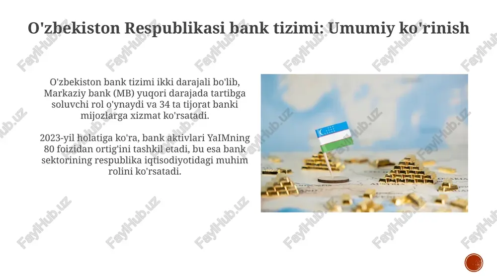 g' ajratish rejalashtirilgan. kreditlashning asosiy yo'nalishlaridan biri kichik biznes va tadbirkorlikni qo'llab-quvvatlashdir, bunda imtiyozli foiz stavkalari bo'yicha 30 milliard so'mgacha kreditlar ajratiladi. depozit operatsiyalari depozit operatsiyalari, 2024-yil holatiga ko'ra, jismoniy shaxslarga 12 oydan ortiq muddatga foizsiz depozitlar ochish imkoniyatini beradi, bu soliq imtiyozlariga ega. o'zbekiston banklari yuridik shaxslar uchun depozit stavkalarini markaziy bankning qayta moliyalash stavkasidan 2 foiz past qilib belgilashga haqli, likvidlikni boshqarish maqsadida. to'lov tizimi va hisob-kitoblar o'zbekistonda real vaqt rejimida to'lovlarni amalga oshirish uchun markaziy bank tomonidan 2006-yilda tashkil etilgan banklararo to'lov tizimi (btt) faoliyat ko'rsatadi. hisob-kitoblar o'zbekiston respublikasi markaziy banki orqali milliy valyuta – so'mda amalga oshiriladi, bu esa valyuta nazorati va barqarorlikni ta'minlashda muhim ahamiyatga ega. bank nazorati va auditi bank nazorati va auditi o'zbekistonda bank tizimining barqarorligini ta'minlash uchun majburiy rezerv talablari, likvidlilik koeffitsientlari va kapital yetarlilik standartlari kabi prudensial me'yorlarni o'z ichiga oladi. o'zbekiston respublikasi markaziy banki tomonidan amalga oshiriladigan bank nazorati, banklarning …