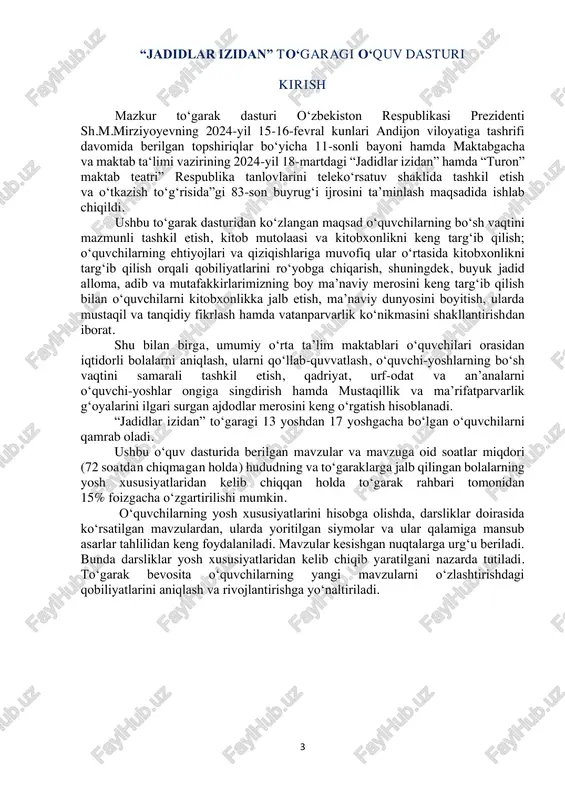 i abdurashidxonov: “jadidlar” turkumi; she’rlar; hikoyalar va “turon” teatri ochilishida so‘zlagan nutqi 2 1 3 14. abdulhamid cho‘lpon: “jadidlar” turkumi; “o‘zbek yosh shoirlari”, “uyg‘onish”, “buloqlar” to‘plamiga kirgan she’rlari; hikoyalari 2 1 3 15. abdulla qodiriy: “jadidlar” turkumi; “jinlar bazmi”, “uloqda” hikoyalari hamda “baxtsiz kuyov” dramasi 2 1 3 16. hamza hakimzoda niyoziy: “milliy ashulalar uchun milliy she’rlar” 1, 2-juz 1 1 2 5 17. elbek: she’rlar va masallar 1 1 jami: 14 7 21 respublika bosqichi 18. hududiy bosqich uchun belgilangan vazifalarni takrorlash 1 1 abdulla avloniy: “jadidlar” turkumi; “adabiyot yoxud milliy she’rlar” 1, 2, 3, 4-juz; “turkiy guliston yoxud axloq” va “advokatlik osonmi” asarlari 2 1 3 19. mahmudxo‘ja behbudiy: “jadidlar” turkumi; “padarkush” dramasi; maqolalari: “har millat o‘z tili ila faxr etar”, “tanqid – saralamoqdur”, “millatlar qanday taraqqiy etarlar”, “ikki emas, to‘rt til kerak”, “yoshlarg‘a murojaat”, “bir a’mo bolaning hasrati”, “til masalasi”, “jaholat dardlaridan”, “tiyotr nadur?”, “muhtaram yoshlarg‘a murojaat”, …