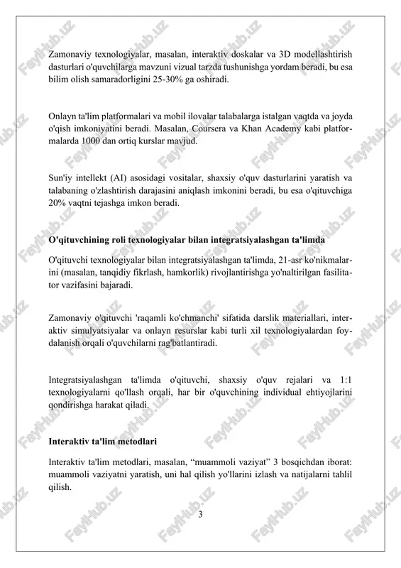 shuningdek, natijalarni tahlil qilish imkoniyatini beradi. sun'iy intellekt va ta'lim sun'iy intellekt (si) ta'limda adaptiv o'quv tizimlarini yaratishga imkon beradi, bu esa har bir o'quvchining 100% individual ehtiyojlariga moslashtirilgan darslarni taqdim etadi. si o'qituvchilarga 80% gacha ma'muriy vazifalarni avtomatlashtirishga yordam beradi, masalan, testlarni tekshirish va hisobotlarni yaratish, bu esa ularga dars berishga ko'proq vaqt ajratish imkonini beradi. si yordamida 24/7 o'quvchilarga yordam beradigan virtual o'qituvchilar va chat-botlarni yaratish mumkin, ular savollarga javob beradi va 95% gacha birinchi darajali muammolarni hal qiladi. mobil ta'lim "mobil ta'lim" tushunchasi 2000-yillarning boshlarida paydo bo'lgan bo'lib, u mobil qurilmalar (smartfonlar, planshetlar) orqali ta'lim olish imkoniyatini anglatadi, bu esa 24/7 o'qishni ta'minlaydi. o'zbekistonda "mobil ta'lim" 2010-yillardan boshlab rivojlana boshladi. hozirgi kunda 100 dan ortiq mobil ilovalar ta'lim resurslari va platformalaridan foydalanish imkonini beradi. mobil ta'limda interaktivlik 30% ga oshishi mumkin. bu esa talabalarning bilim olish motivatsiyasini va ularning o'quv materiallarini o'zlashtirish darajasini sezilarli ravishda yaxshilaydi. virtual …