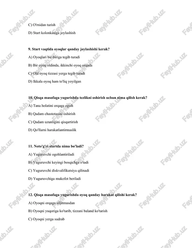 lgan c) pastga egilgan d) oldinga qaragan, bo'yin bo'shashgan 25. qisqa masofaga yugurishda noto'g'ri texnika nima bilan xavfli? a) tezlikni pasayishi va jarohat olish xavfini oshishi b) sport zalining yo'qligi c) yomon ob-havo d) kiyimning yomonligi javoblar: № javoblar 1 a 2 b 3 a 4 b 5 c 6 d 7 c 8 d 9 b 10 b 11 a 12 b 13 d 14 a 15 b 16 a 17 b 18 c 19 a 20 a 21 d 22 c 23 a 24 d 25 a /docprops/thumbnail.jpeg