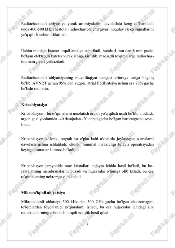 higa olmaydi va invaziv jarrohlikka muqobil bo'lib, tiklanish vaqtini qisqartiradi. kimyoviy ablyatsiya kimyoviy ablyatsiya atrof-muhitga ta'sir qilishi mumkin, chunki 10 dan ortiq xil xavfli kimyoviy moddalar ishlatilishi oqibatida yer osti suvlarining ifloslanishi kuzatiladi. kimyoviy ablyatsiyaning tezligi ko'pincha haroratga bog'liq bo'lib, arrenius tenglamasi bo'yicha taxminan har 10 daraja selsiyda 2-3 barobar tezroq bo'ladi. ushbu jarayonning samaradorligi bir nechta omillarga, jumladan kimyoviy eritmalarining konsentratsiyasi va 0,5 dan 2,0 mm gacha bo'lgan zarralar kattaligiga bog'liqdir. elektrokoagulyatsiya elektrokoagulyatsiya yuqori chastotali o'zgaruvchan tok yordamida to'qimalarni quritadi, oqsillarni denaturatsiya qiladi va hujayra o'limiga olib keladi, odatda 50 dan 100 daraja selsiygacha haroratda ishlaydi. bipolar elektrokoagulyatsiyada elektrodlar qisqich shaklida bo'lib, to'qimalar orasidan tok o'tkazib, uning ta'sirini aniq 1-2 mm radiusda lokalizatsiya qiladi, atrofdagi zararni kamaytiradi. monopolyar elektrokoagulyatsiya jarayonida elektrod to'qimalar bilan bevosita aloqada bo'ladi, tok esa bemorning tanasidan o'tib, katta maydonda tarqaladi; shu sababli 0.5 mgs chastotada ishlatiladi. fotodinamik terapiya fotodinamik terapiyada 630-680 nm diapazonidagi yorug'lik sezgir …