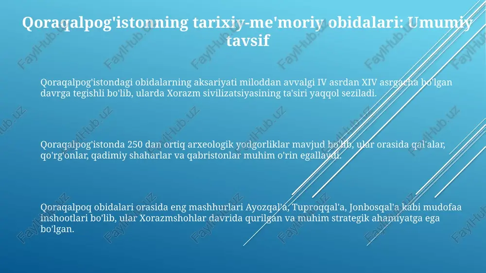 mudofaa nuqtasi bo’lgan. qal’aning umumiy maydoni taxminan 200x180 metrni tashkil etadi. mudofaa devorlari 10-12 metr balandlikda bo’lib, paxsadan qurilgan va minoralar bilan mustahkamlangan. janbasqal’a xorazm arxeologik-etnografik ekspeditsiyasi tomonidan 1939-yilda topilgan. bu yerda olib borilgan qazishmalar natijasida qadimgi turar-joy qoldiqlari aniqlangan. chilpiq: qadimgi daxma va ziyoratgoh qoraqalpog'istonning ellikqal'a tumanida joylashgan chilpiq majmuasi, 200 metrdan ortiq diametrga ega bo'lgan noyob dumaloq shakldagi qal'a-daxma sifatida tanilgan. chilpiq daxmasi iv-viii asrlarga oid bo'lib, amudaryo bo'yida joylashgan. qadimda zardushtiylik marosimlari o'tkazilgan, o'liklarni osmonga qo'yib, suyaklarni saqlash uchun xizmat qilgan. chilpiq ziyoratgohi nafaqat qadimiy daxma, balki islom dinining kirib kelishi bilan ziyoratgohga aylantirilgan. bu joy diniy e'tiqodlar uyg'unligining ramzi hisoblanadi. mezbon qal'a: xorazm vohasining strategik nuqtasi mezbon qal'a, xorazmning shimoliy-sharqiy chekkasida joylashgan bo'lib, miloddan avvalgi iv asrdan milodiy iv asrgacha bo'lgan davrda muhim chegara postini vazifasini bajargan. qal'a qadimiy xorazm irrigatsiya tizimining muhim qismi bo'lib, amudaryo deltasidagi suv taqsimotini nazorat qilish orqali mintaqaning iqtisodiy barqarorligini ta'minlagan. …