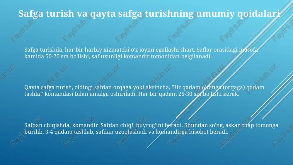 qadamni tashkil etadi, tezlik esa daqiqasiga 60-80 qadam bo'lishi kerak, bu tartibli harakatni ta'minlaydi. yaqinlashish masofasi va tezligi har xil vaziyatlarda, masalan, tantanali marosimlarda 5-7 qadam va sekinroq, 50-60 qadam/daq tezlikda moslashtiriladi. xavfsizlik choralari safda mashg’ulotlarida jarohatlanmaslik uchun 10 metrdan kam bo’lmagan masofani saqlang va saf elementlarini bajarayotganda tasodifiy harakatlardan saqlaning. qurol bilan mashq qilganda, 5 metr radiusda xavfsizlik zonasi bo'lishi kerak va qurolni boshqa askarlarga 45 gradusdan ortiq yo'naltirmang. safni ochish va yopishda 2 sekunddan kam bo'lmagan muddatga e'tibor bering, shuningdek, 3 bosqichli ko'rsatmalarga aniq rioya qiling va noto'g'ri harakatlardan saqlaning. amaliy mashqlar amaliy mashqlarda safga turish va qayta safga turish taktikasi, har bir saf elementi orasidagi masofani 50-75 sm oraliqda saqlash orqali aniqlanadi. amaliy mashqlarda yaqinlashish uchun 3-4 qadam tashlanadi, bunda har bir qadamning uzunligi taxminan 60-70 sm bo'lib, harakatning aniqligini ta'minlash zarur. amaliy mashqlarda saflarni ochishda 1-saf oldinga 2 qadam tashlaydi, 2-saf esa joyida qoladi, bu esa …