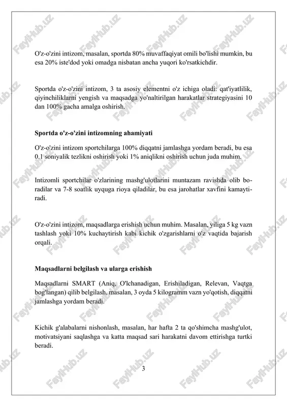 di, bu esa sportchilarning maksimal samaradorligiga olib keladi. sportchilarning muvaffaqiyati uchun ratsional oziqlanish va adekvat dam olish birgalikda immunitet tizimini mustahkamlaydi, bu esa kasalliklar va mashg'ulotlarni o'tkazib yuborish ehtimolini kamaytiradi. stressni boshqarish sportchilarda stressni boshqarish meditatsiya orqali 10-15 daqiqa davomida nafas olish texnikasini bajarish orqali stress gormonlarini kamaytiradi va konsentratsiyani oshiradi. sportchilarda stressni samarali boshqarish uchun 7-8 soat uxlash vaqtini belgilash, bu orqali tana tiklanadi va kortizol darajasi tartibga solinadi, bu esa stressni kamaytiradi. stressni boshqarishda vizualizatsiya texnikasi muhim, bunda sportchi muvaffaqiyatli o'yinni tasavvur qiladi va bu o'ziga ishonchni oshiradi, stressni 20% ga kamaytiradi. salbiy odatlardan voz kechish salbiy odatlarni yo'qotish, masalan, 20% kamroq shirinlik yeyish, chidamlilikni oshirish va vaznni nazorat qilish orqali sportdagi natijalarni sezilarli darajada yaxshilaydi. chekish yoki spirtli ichimlik iste'mol qilish kabi odatlardan voz kechish, o'pka sig'imini 30% ga oshirishi va yurak-qon tomir tizimini yaxshilashi mumkin, bu esa tiklanishni tezlashtiradi. kech uxlash kabi yomon odatlardan voz kechib, …