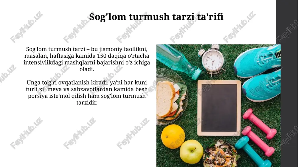 tioksidantlar va vitaminlar bilan ta'minlaydi, immunitetni kuchaytiradi va hujayralarni himoya qiladi. xulosa xulosa shuni ko'rsatadiki, muntazam jismoniy faollik, kuniga kamida 30 daqiqa, yurak-qon tomir kasalliklari xavfini sezilarli darajada kamaytiradi. to'g'ri ovqatlanish, jumladan, kuniga kamida 5 porsiya meva va sabzavot iste'mol qilish, optimal vaznni saqlash va surunkali kasalliklarning oldini olishga yordam beradi. e'tiboringiz uchun rahmat image1.png image2.jpg image3.jpg image4.jpg image5.jpg image6.jpg image7.jpg image8.jpg image9.jpg image10.jpg image11.jpg image12.jpg