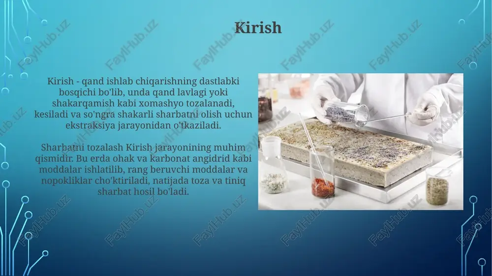 ibidagi 0.2-0.3% qoldiq quruq moddalarni kamaytiradi va saqlash muddatini uzaytiradi. saralashda turli o'lchamdagi qand lavlagi kesmalari ajratiladi, bu esa ekstraksiya jarayonining samaradorligini oshiradi va qandning yo'qolishini 0.1-0.15% gacha kamaytiradi. rafinatsiya (oqlash) rafinatsiya jarayoni ko'pincha aktivlashtirilgan ko'mir yordamida rangsizlantirishni o'z ichiga oladi, bunda rangli nopokliklar adsorbsiyalanadi, bu esa 99,9% dan yuqori saflikka erishishga yordam beradi. qandni rafinatsiya qilishda ion almashinadigan smolalar ishlatiladi, bu esa kaltsiy va magniy kabi minerallarni olib tashlaydi. bu qandning barqarorligini oshiradi va kul miqdorini 0,03% dan kamroqqa tushiradi. qandni qadoqlash va saqlash qandni qadoqlashda polipropilen qoplar, 25 kg dan 50 kg gacha bo'lgan og'irlikda, namlikdan himoyalash va uzoq muddat saqlashni ta'minlaydi, mahsulot sifatini saqlash uchun muhim. saqlash omborlari harorati 20-25°c va nisbiy namlik 70% dan oshmasligi kerak, bu qandning erishi va yopishib qolishining oldini oladi, sifat nazoratini ta'minlash zarur. qand ishlab chiqarishda energiya tejash bug'lanish stansiyalarida ko'p korpusli bug'latgichlardan foydalanish 1 kg shakar uchun 0.3-0.4 kg bug' …
