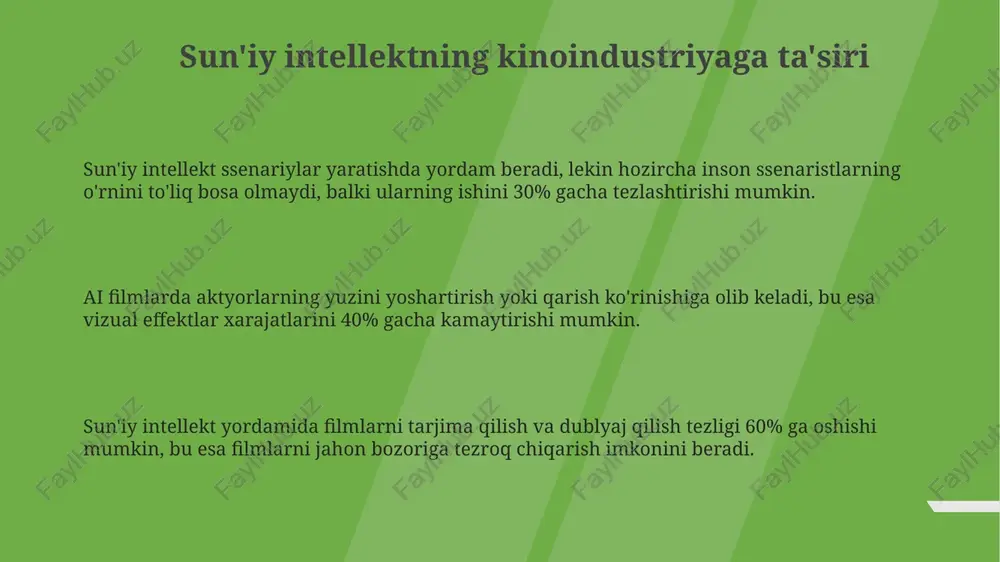 yordam berishi mumkin, lekin uning hissiy chuqurligi cheklanganligi sababli, 75% tomoshabinlar inson tomonidan yozilgan ssenariylarni afzal ko'rishadi. deepfake texnologiyalari aktyorlarning roziligisiz ularning obrazi foydalanilishiga olib kelishi mumkin, bu esa huquqiy va axloqiy muammolarni keltirib chiqaradi (85% xavotirda). e'tiboringiz uchun rahmat