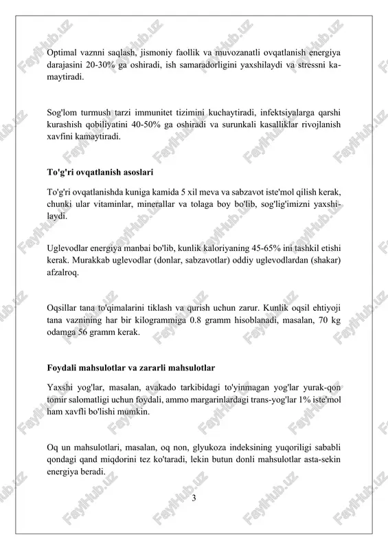 sir etadi; surunkali uyqusizlik qon bosimini oshirishi va yurak xastaligi xavfini 1.5-2 barobar ko'paytirishi mumkin. stressni boshqarish usullari muntazam jismoniy mashqlar, masalan, haftada kamida 150 daqiqa o'rtacha intensivlikdagi aerobika mashqlari stress gormonlarini kamaytiradi va endorfinlar ishlab chiqarishni ko'paytiradi. ongli ravishda nafas olish texnikalari, jumladan, diafragmatik nafas olish kuniga 5-10 daqiqa davomida bajarilganda asab tizimini tinchlantirib, stressni samarali kamaytiradi. ijtimoiy aloqalarni mustahkamlash, shu jumladan, do'stlar va oila bilan kamida haftasiga 2-3 marta vaqt o'tkazish stressdan himoya qiluvchi tampon vazifasini o'taydi. yomon odatlardan voz kechish nikotin qaramligini tashlash uchun nikotin o'rnini bosuvchi terapiya (not) plastri yoki saqichdan foydalanish samarali bo'lib, chekishni 40-60% ga kamaytiradi. alkogolga qaramlikdan voz kechish uchun asta-sekin kamaytirish usuli, birinchi 2-3 hafta davomida iste'molni 20-30% ga kamaytirish tavsiya etiladi. noto'g'ri ovqatlanish odatlaridan voz kechish uchun 80/20 qoidasiga amal qiling: haftaning 80%ida sog'lom ovqatlaning, 20%ida esa o'zingizga erkinlik bering. sog'lom turmush tarziga o'tish bo'yicha maslahatlar kuniga kamida 30 daqiqa jismoniy …