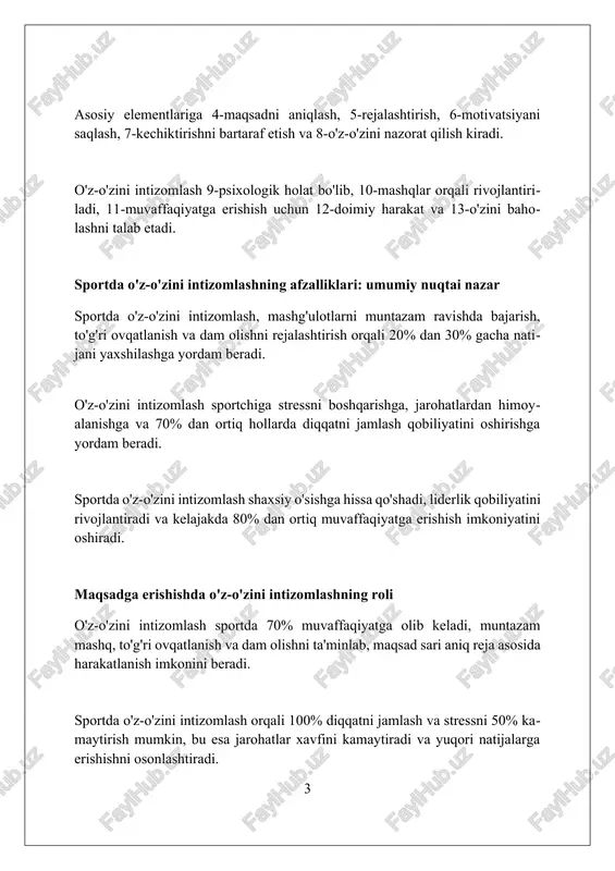hish uchun qat'iy rejimga rioya qilish, misol uchun, har kuni 20 daqiqa qo'shimcha mashq qilish kerak. o'z-o'zini intizomlash orqali to'g'ri ovqatlanish, masalan, kuniga 2500-3000 kaloriya iste'mol qilish va zararli odatlardan voz kechish chidamlilikni oshirishda muhim rol o'ynaydi. stressni boshqarish va o'z-o'zini intizomlash sportda oʻz-oʻzini intizomlash, stressni kamaytirish uchun 7-8 soatlik sifatli uyquga rioya qilishni, dam olish va sport mashg'ulotlari orasida muvozanatni saqlashni o'z ichiga oladi. stressni boshqarishda o'z-o'zini intizomlashning ahamiyati shundaki, muntazam mashqlar endorfinlar ishlab chiqarishni rag'batlantiradi, bu esa kayfiyatni yaxshilaydi va stress darajasini 25-30 foizga kamaytirishi mumkin. o'z-o'zini intizomlash bilan birga stressni boshqarish uchun nafas olish texnikalari (masalan, 4-7-8 usuli) va ongni jamlash mashqlari 5-10 daqiqa davomida bajarilganda samarali bo'ladi. muvaffaqiyatsizliklarni yengishda o'z-o'zini intizomlashning ahamiyati o'z-o'zini intizomlash sportdagi muvaffaqiyatsizliklarni yengishda sabr-toqatni rivojlantiradi; har kuni 15-20 daqiqa mashq qilish orqali asta-sekinlik bilan tuzalib ketiladi. sportdagi mag'lubiyatdan so'ng o'z-o'zini intizomlash shaxsiy tanqidni tartibga soladi. strategiya va texnikani takomillashtirish uchun 3 xatoni …