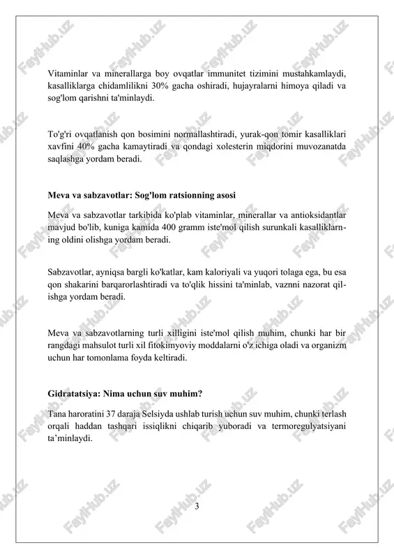 kali uyqusizlik qon bosimini oshirib, yurak xastaligi xavfini ko'paytiradi. kuniga kamida 7 soat uxlash yurak salomatligini ta'minlaydi. stressni boshqarish usullari muntazam jismoniy mashqlar, masalan, haftada 150 daqiqa o'rtacha intensivlikdagi aerobika stress gormonlarini kamaytiradi va endorfin ishlab chiqarishni ko'paytiradi. chuqur nafas olish texnikalari, masalan, diafragmatik nafas olish, kuniga 5-10 daqiqa davomida stress reaksiyasini kamaytirib, parasimpatik asab tizimini faollashtiradi. onglilik amaliyotlari, jumladan meditatsiya, kuniga 10-15 daqiqa davomida o'tkazilsa, fikrni hozirgi paytga yo'naltirib, tashvish va salbiy fikrlashni kamaytirishi mumkin. aqliy salomatlik: sog'lom ongni saqlash muntazam ravishda 15-20 daqiqa davomida meditatsiya qilish orqali xotirjamlikni saqlang, stress gormoni kortizol darajasini pasaytiring va miya faoliyatini yaxshilang. sog'lom munosabatlarni rivojlantiring, haftasiga kamida 2-3 marta do'stlar va oila a'zolari bilan muloqot qilish orqali ijtimoiy aloqalar qiling. kuniga kamida 7-8 soat uxlang, chunki uyqu yetishmasligi diqqatni jamlashni qiyinlashtiradi va depressiya xavfini 40% ga oshiradi. zararli odatlardan qochish chekish nafaqat o'pka saratoni xavfini 20-30 barobar oshiradi, balki yurak-qon tomir kasalliklari …
