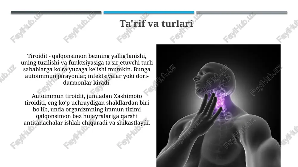 ib, yutish qiyinlashishi mumkin. homiladorlik davridagi tireoidit homiladorlik davridagi tireoidit, xususan, tug'ruqdan keyingi tireoidit 7-10% ayollarda uchraydi, ko'pincha tug'ruqdan keyin birinchi yil ichida aniqlanadi, bu autoimmun kasallik hisoblanadi. hashimoto tireoiditi, autoimmun holat bo'lib, tpo antitanalarining yuqori darajasi bilan xarakterlanadi, homiladorlik paytida gipotireozga olib kelishi mumkin, bolada rivojlanish muammolarini keltirib chiqaradi. diagnostika tireoiditni diagnostikasi uchun qon testlari tsh, t4 va t3 kabi tiroid gormonlari darajasini aniqlashga yordam beradi, bu tiroid faoliyatini baholashda muhim ahamiyatga ega. tireoiditning sababini aniqlash uchun antitiroid antitelalari (anti-tpo, anti-tg) testlari o'tkaziladi, bu autoimmun tireoiditning differensial tashxisida yordam beradi. differentsial diagnostika hashimoto tireoiditini graves kasalligidan farqlashda antitelolar muhim ahamiyatga ega, chunki graves kasalligida trab titri odatda hashimoto tireoiditiga qaraganda sezilarli darajada yuqori bo'ladi. subakut tireoiditni bakterial tireoiditdan farqlash esr darajasi va og'riqning xususiyatlariga asoslanadi: subakutda esr yuqori, og'riq esa virusli infeksiyadan keyin kuchayadi. asoratlar asora'tlar – bu qalqonsimon bez yallig'lanishining bir turi bo'lib, u 1-tip qandli diabet, revmatoid …