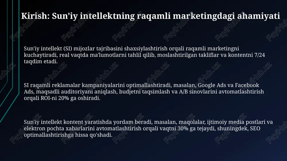 oqiy dilemmalar asosiy muammolardan bo'lib qoladi. ai-ning rivojlanishi bilan, shaxsiylashtirilgan marketing contentlari va real vaqtda optimallashtirish imkoniyatlari ortadi, lekin algoritmik tarafkashlik va avtomatlashtirish tufayli ish o'rinlari yo'qolishi xavfi mavjud. kelajakda ai mijozlar xatti-harakatini tahlil qilish, prognozlash va avtomatlashtirilgan reklamalarni yaratishda muhim rol o'ynaydi, ammo yuqori investitsiyalar va texnik mutaxassislar yetishmasligi to'siq bo'lishi mumkin. e'tiboringiz uchun rahmat