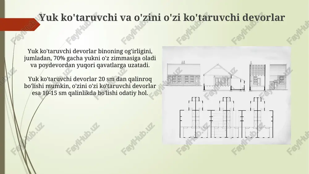 , bu tezlikni oshiradi va qurilish vaqtini 30% ga kamaytiradi. kirish kirish gidroizolyatsiya vazifasini bajaradi, devorlarga tuproq namligining kapillyar ko'tarilishiga to'sqinlik qiladi, ayniqsa loy va qumoqli tuproqlarda 10-25 sm dan yuqori qilib quriladi. kirish - poydevorning yuqori qismidagi gorizontal element bo'lib, devorlarning yukini poydevorga teng taqsimlaydi va odatda 15-30 sm balandlikda beton yoki temir-betondan quriladi. devorlarni loyihalash asoslari devorlarni loyihalashda yuk ko'tarish qobiliyati muhim, ya'ni devor 1.5 dan 2.0 gacha yuk ko'tarish koeffitsientiga ega bo'lishi va barqarorlikni ta'minlashi kerak. devorlarning seysmik chidamliligi muhim omil bo'lib, 9 ballgacha bo'lgan zilzilalarga bardosh berish uchun maxsus mustahkamlovchi elementlar bilan loyihalashtirilishi zarur. e'tiboringiz uchun rahmat @taqdimot_robot image2.jpg image3.jpg image4.jpg image5.jpg image6.jpg image7.jpg image8.jpg image9.jpg image10.jpg image11.jpg image12.jpg image13.jpg