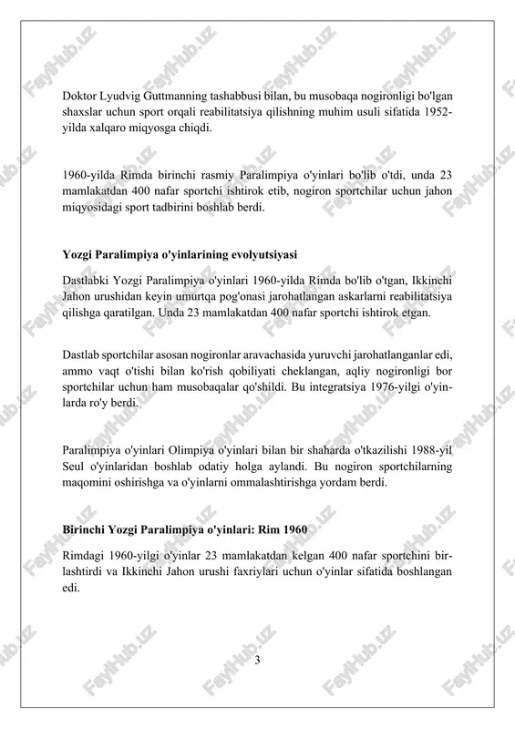 a sakrashda natijalarni sezilarli darajada yaxshiladi. nogironligi bo'lgan sportchilarning tasnifi sportchilarning nogironligi tasnifi ularning qanday sport turida ishtirok eta olishini aniqlash uchun muhim. bu tizim, har bir sport turi uchun alohida ishlab chiqilgan, nogironlik darajasini baholash orqali sportchilarni guruhlaydi. tasnf tizimi sportchilarni minimal nogironlik mezoniga javob berishini ta'minlaydi. ushbu mezon nogironlik sportda ishlashga ta'sir qiladimi yoki yo'qligini aniqlashga qaratilgan, bu adolatli musobaqalarni ta'minlash uchun zarur. nogironlik tasnifi sport turidan sport turiga farq qiladi. ba'zi sport turlari, masalan, yengil atletika, ko'plab tasnif sinflariga ega, boshqalari, masalan, golbol kabi, vizual buzilish darajasiga qarab, kamroq sinflarga ega. mezbon shaharlar va ularning ta'siri 1988-yilda seulda oʻtkazilgan oʻyinlar nogironlar sportining rivojlanishiga turtki berdi, chunki 3057 nafar sportchi ishtirok etdi va jamoatchilik eʼtiborini oshirdi. 2000-yilda sidney mezbonlik qilgan oʻyinlar nogironlarning jamiyatga integratsiyalashuviga katta hissa qoʻshdi, 123 ta davlatdan 3800 dan ortiq sportchini birlashtirdi. 2012-yilda london paralimpiya oʻyinlari nogironlik haqidagi tushunchani oʻzgartirdi, 4200 dan ortiq sportchining ishtiroki …