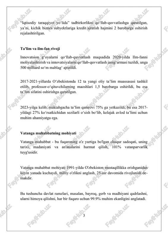 konsepsiyasi o'zbekiston respublikasi konstitutsiyasining 49-moddasida mustahkamlanib, har bir fuqaroning yurt himoyasiga mas'ulligini belgilaydi. bugungi o'zbekiston: erishilgan yutuqlar so'nggi yillarda o'zbekistonning tashqi savdo aylanmasi sezilarli darajada oshdi, eksport tarkibida tayyor mahsulotlar ulushi ortib, xalqaro maydonda raqobatbardoshligini oshirdi. 2017-yildan boshlab amalga oshirilgan keng qamrovli islohotlar natijasida, o'zbekiston yalpi ichki mahsuloti sezilarli o'sishga erishdi, xususan, turizm sohasida 5 barobar ko'payish kuzatildi. o'zbekistonda 2030-yilgacha qayta tiklanuvchi energiya manbalarining ulushini 25% ga yetkazish maqsadida katta investitsiyalar yo'naltirilmoqda, quyosh va shamol elektr stansiyalari qurilishi faol olib borilmoqda. vatan tarixi: o'tmishga nazar o'zbekiston xx asrda sovet ittifoqi tarkibida bo'lgan davrda sanoat va infratuzilma rivojlandi, lekin milliy madaniyat va din erkinliklari cheklandi. qadimda so'g'diyona va xorazm kabi davlatlar buyuk ipak yo'lida joylashgan bo'lib, miloddan avvalgi 4-asrda gullab-yashnagan, savdo va madaniyat markazi bo'lgan. amir temur saltanati xiv asrda markaziy osiyoda ilm-fan, san'at va arxitektura sohasida katta yuksalish davrini boshlab berdi, samarqand esa uning poytaxti edi. vatanga sadoqat – oliy …