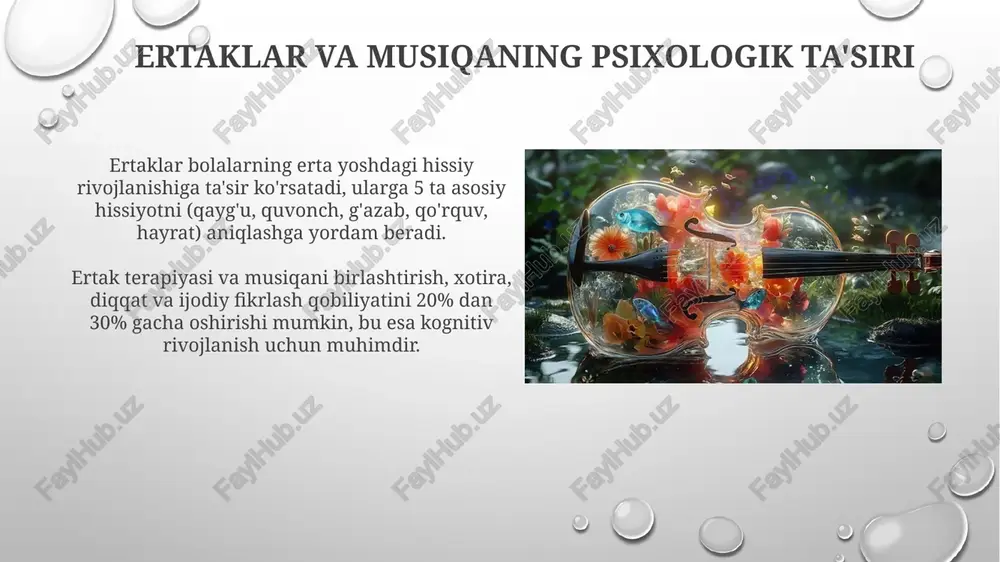 uchun takrorlash texnikasi qo'llaniladi. ertak terapiyasi seanslarida, improvizatsiya usullari qo'llaniladi, unda bemorlar 12 tonal qator yoki ritmik naqshlarga asoslangan musiqiy hikoyalar yaratadi, hissiy ifodani kuchaytiradi. cheklovlar va muammolar terapiyaning 4 bosqichida muvaffaqiyatga erishish uchun, bolaning emotsional holatini tushunish va individual ehtiyojlariga moslashtirilgan maxsus dasturlarni ishlab chiqish muhim. cheklovlar davolash imkoniyatlarini 75% gacha kamaytirishi mumkin, bunda bemorning holatini yaxshilash uchun zarur bo'lgan individual yondashuvlar qo'llanilmaydi. e'tiboringiz uchun rahmat @taqdimot_robot image2.png image5.jpg image6.jpg image7.jpg image8.jpg image9.jpg image10.jpg image11.jpg image12.jpg image13.jpg image14.jpg image15.jpg image16.jpg image3.png