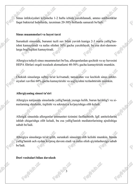 radi. sinusning tuzilishi va joylashuvi gaymor sinuslari (maksillar) - eng katta sinuslar bo'lib, yuqori jag' suyaklarida joylashgan va har birining hajmi taxminan 15-20 sm³ ni tashkil qiladi. burun atrofidagi bo'shliqlar to'rtta juft sinuslardan iborat: gaymor (maksillar), frontal, etmoid (bir nechta katakchalar) va sfenoid sinuslar. etmoid sinuslari burun bo'shlig'i va ko'z kosasi orasida joylashgan, 3 dan 18 gacha kichik havo katakchalaridan tashkil topgan murakkab tuzilmadir. jarrohlik davolash usullari ballon sinusoplastikasi sinuslarning tabiiy teshiklarini ballon kateteri bilan kengaytirishdan iborat bo'lib, uni shishiradi va obstruksiyani olib tashlaydi, minimal invaziv usul hisoblanadi. kaldvell-luk operatsiyasi ustki jag' sinusiga kirish va uning ichidagi yallig'langan to'qimalarni olib tashlashni o'z ichiga oladi, ammo hozirda kamroq invaziv usullar bilan almashtirilgan. endoskopik sinus jarrohligi fess, burun teshiklari orqali kichik kameralar va asboblar yordamida sinuslarning ochilishini kengaytiradi, obstruksiyani bartaraf etadi va drenajni yaxshilaydi. sinusitning oldini olish choralari uy ichidagi havoni namlantirish uchun namlagichlardan foydalanish, ayniqsa qish oylarida, sinus yo'llarining qurib ketishini …