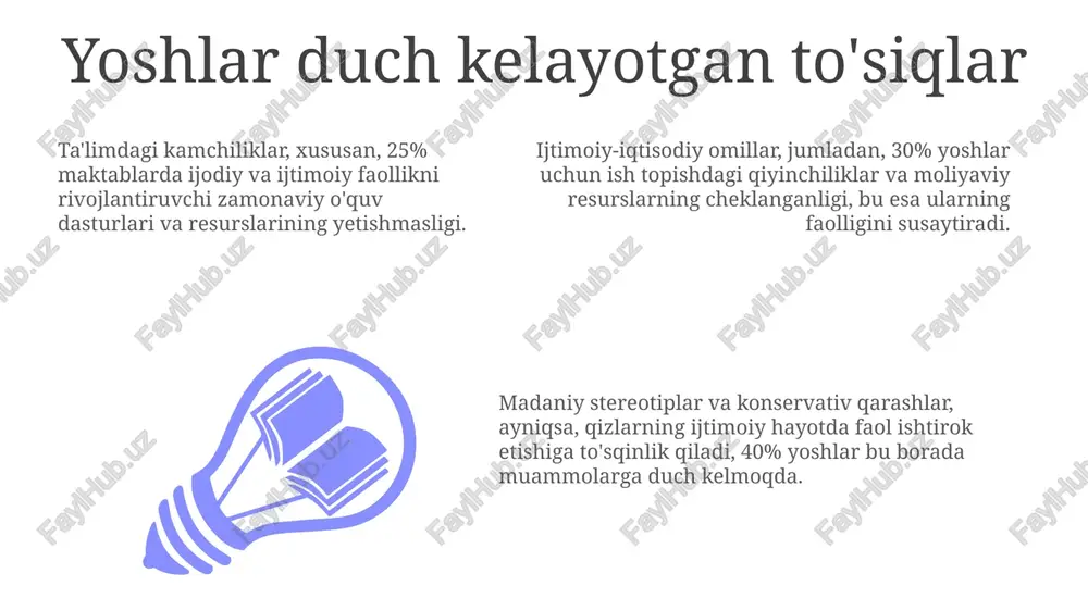 iqlashda keng qamrovli ma'lumot beradi. ijodkorlik va ijtimoiy faollikning afzalliklari ijodkorlik, shaxsiy o'sishga turtki beradi, miya faoliyatini 30% gacha oshiradi va yangi neyron aloqalarini shakllantirishga yordam beradi. ijodiy va ijtimoiy faoliyatda ishtirok etish stress darajasini 25% ga kamaytiradi, ruhiy salomatlikni mustahkamlaydi va hayot sifatini yaxshilaydi. ijtimoiy faollik, empatiyani 45% ga oshiradi, jamoa bilan ishlash qobiliyatini rivojlantiradi va liderlik ko'nikmalarini shakllantiradi. ijtimoiy faollikni rag'batlantirish strategiyalari ijtimoiy faollikni oshirish maqsadida har bir tumanda kamida 3 ta yoshlar markazi tashkil etish va ularni zamonaviy texnologiyalar bilan ta'minlash kerak. yoshlarni ijtimoiy loyihalarda ishtirok etishini rag'batlantirish uchun 25% grant ajratish, bu ularning tashabbuslarini qo'llab-quvvatlashga yordam beradi. yoshlar o'rtasida ijtimoiy ko'nikmalarni rivojlantirish uchun 18-25 yoshdagilar uchun interaktiv treninglar o'tkazish va sertifikat berish yaxshi samara beradi. e'tiboringiz uchun rahmat @taqdimot_robot image1.jpeg image2.jpeg image3.jpeg