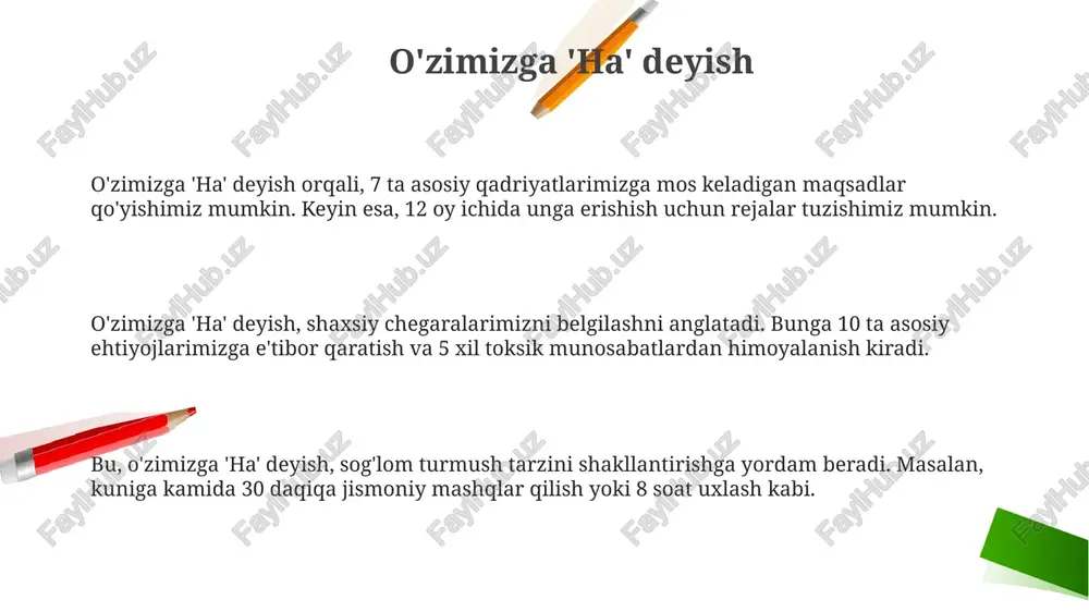 aror qabul qilishda realistik baholashni talab qiladi. boshqalarga "ha" deyish 70% hollarda o'zingizga "yo'q" deyishni anglatishi mumkin, bu esa vaqt resurslarini noto'g'ri taqsimlashga olib keladi. prioritetlarni belgilash muhim. ha deyish va chegaralar har bir "ha" so'zi 30 foiz hollarda qadriyatlaringiz bilan mos kelishi kerak va 70 foiz hollarda shaxsiy rivojlanishingizga hissa qo'shishi lozim, bu esa maqsadga erishishingizni osonlashtiradi. chegaralar, "ha" so'zini ishlatishda, 20 foiz hollarda o'zingiz uchun vaqt ajratish, 80 foiz hollarda esa boshqalarga yordam berishni anglatadi, bu esa muvozanatni saqlashga yordam beradi. "ha" deyishda shaxsiy chegaralarni belgilash, o'z ehtiyojlaringizni qondirish uchun 70 foiz hollarda o'z manfaatlarizni ustun qo'yish degani, bu esa sog'lom munosabatlarga olib keladi. ijobiy javob berishning afzalliklari bunday javoblar munosabatlarni 30% ga yaxshilaydi, chunki hamkorlik va o'zaro hurmatni kuchaytiradi, shuningdek, umumiy maqsadlarga erishish ehtimolini oshiradi. ijobiy javoblar orqali loyihalarning 40% i muvaffaqiyatli yakunlanadi, chunki bu guruh a'zolarining motivatsiyasini oshiradi va samarali kommunikatsiyani ta'minlaydi. ijobiy javob berish stressni …