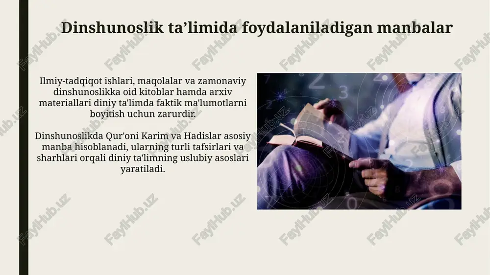 tashkilotlarni va diniy guruhlarning ijtimoiy xatti-harakatini, shu jumladan **diniy oqimlarning rivojlanishini** o'rganadi. dinshunoslik o‘qituvchisining vazifalari va malakasi dinshunoslik o'qituvchisi diniy matnlarni tahlil qilishda 3-darajali uslublardan foydalanadi, tarixiy kontekstni, filologik izohlarni va falsafiy asoslarni chuqur tushunishi zarur. o'qituvchi dinlararo muloqotni rivojlantirish uchun kamida 5 xil bahstalashuv usullarini bilishi, tolerantlik va o'zaro hurmatni targ'ib qilishda faol rol o'ynashi shart. dinshunoslik ta’limining o‘quv rejalari va dasturlari o‘quv rejalarida 4 semestr davomida dinshunoslikning 7 ta yo‘nalishi (falsafa, tarix, sotsiologiya) bo‘yicha chuqur bilim berish ko‘zda tutilgan, baholash tizimi 5 ballik shkala asosida. o‘quv rejalari davlat ta’lim standartlari asosida ishlab chiqiladi, unda dinshunoslik fanining maqsad va vazifalari aniq ko‘rsatilgan hamda 10 dan ortiq asosiy mavzular qamrab olingan. e'tiboringiz uchun rahmat @taqdimot_robot image2.jpg image3.jpg image4.jpg image5.jpg image6.jpg image7.jpg image8.jpg image9.jpg image10.jpg image11.jpg image12.jpg image13.jpg