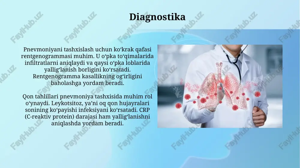 alanish pnevmoniya tarqalishini kamaytirishi mumkin. pnevmoniyadan oldini olish uchun 65 yoshdan oshgan yoki xavf omillari bo'lgan shaxslarga pnevmokokk vaktsinasi, masalan, pcv13 va ppsv23 kabi vaktsinalar tavsiya etiladi. bolalarda pnevmoniya bolalarda pnevmoniyaning eng ko'p uchraydigan sababi viruslardir, ayniqsa 5 yoshgacha bo'lgan bolalarda. respiratory syncytial virus (rsv) kabi viruslar ko'pincha bu yosh guruhida pnevmoniyani keltirib chiqaradi. bolalarda pnevmoniya belgilari nafas olish tezlashishi (taxipnea), burunning kengayishi va qovurg'alar orasining tortilishi kabi holatlarni o'z ichiga olishi mumkin, ayniqsa 2 oylikdan kichik bolalarda kuzatiladi. asoratlar bakterial pnevmoniyadan keyingi sepsis, qonda bakteriyalarning mavjudligi tufayli yuzaga keladi va o'lim xavfini 20-50% gacha oshirishi mumkin, shuning uchun tezkor antibiotik terapiyasi zarur. asoratlar pnevmoniyaning og'ir shakllarida 30% gacha holatlarda uchraydi va o'pka to'qimasining nekrozi, yiringli yallig'lanishi va o'pka ichida bo'shliqlar hosil bo'lishiga olib kelishi mumkin. e'tiboringiz uchun rahmat @taqdimot_robot image3.jpg image4.jpg image5.jpg image6.jpg image7.jpg image8.jpg image9.jpg image10.jpg image11.jpg image12.jpg image13.jpg image14.jpg image1.png