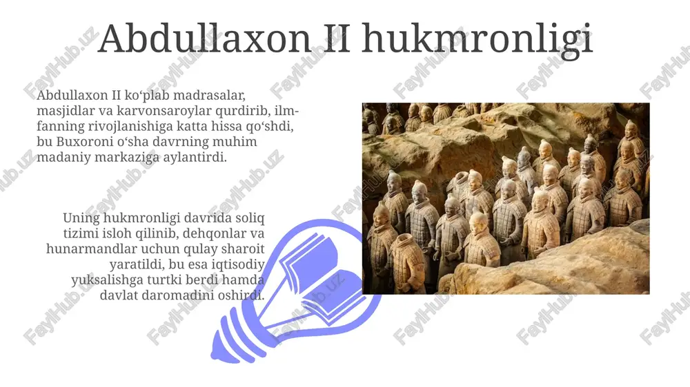 sayishiga sabab boʻldi. 1510-yildagi marv jangida shoh ismoil i tomonidan shayboniyxonning magʻlubiyati, davlatning siyosiy inqiroziga turtki boʻlib, birlikni yoʻqotib, zaiflashuviga olib keldi. sulolaning qulashi va sabablari iqtisodiy tanazzul savdo yo'llarining o'zgarishi bilan bog'liq edi, chunki dengiz yo'llari quruqlikdagi ipak yo'lini almashtirdi, bu shayboniylarning daromadlarini kamaytirdi. ichki nizolar, taxt uchun kurashlar xvi asr oxirida davlatni zaiflashtirdi, turli guruhlar o'rtasidagi hokimiyat uchun bo'lgan raqobat markaziy hokimiyatni yo'qotdi. iqtisodiy siyosat 01 02 savdo-sotiq rivojlanishi uchun shayboniylar zarbxonalarda kumush tangalar zarb qildilar, bu esa pul muomalasini yaxshilab, mintaqalararo savdoni faollashtirdi. sales 1st qtr 2nd qtr 100 0 sales 1st qtr 2nd qtr 100 0 xulosa xulosa qilib aytganda, shayboniylar davri movarounnahr madaniyati, iqtisodiyoti va siyosiy tuzilmasiga sezilarli ta'sir ko'rsatdi, jumladan, islomiy ilmlarning rivojlanishi va savdo aloqalarining kengayishi. shayboniylar o'zbek qabilalarining birlashishi va harbiy muvaffaqiyatlari orqali hokimiyatga erishdi, ayniqsa muhammad shayboniyxonning 1500-yillarda samarqandni egallashi muhim ahamiyatga ega bo'ldi. shayboniylar va safaviylar o'rtasidagi munosabatlar 1510-yilda merv …