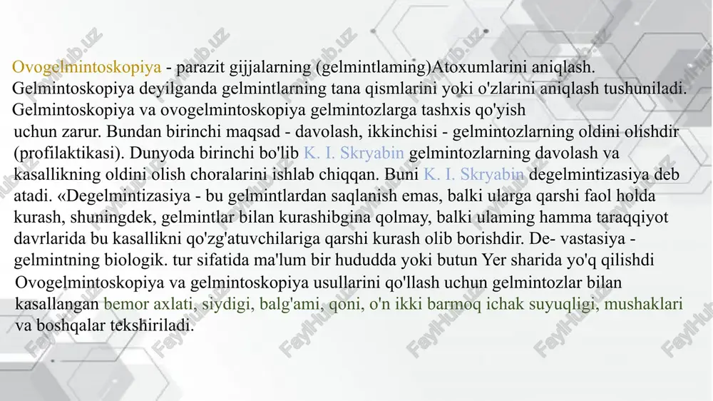 tuxumini yig'ib olish uchun uchi halqa qilingan sim olinadi va sim halqa entmaning yuziga gorizontal holda tegiziladi. so'ngra halqani silkitib, unga ilingan nar- sa buyum oynasiga tushiriladi ya qoplagich oyna bilan yopiladi. tayyorlangan preparat mikroskop ostida tekshiriladi. bu usulda tekshirilganda trematodalar va keng tasmasimon chuvalchanglar tuxumini hamma vaqt ilintirib bo'lmaydi. shuning uchun yuzadagi pardani tekshirgandan so'ng, eritma cho'kmasini ham tekshirish kerak. buning uchun uzun pipetka bilam bir tomchi cho'kma olinib, preparat tayyorlanad parazit chuvalchanglar tuxumlari . 1-schistosoma haematobium;2-schistosoma mansouil 3-fasciola hepatica 4- schistosoma japonicum; 5-paragonimmus ringeri;6-dicrocoelium lanceo- latum; 7-clonorchis sinensis; 8-opisthorchis felineus; 9-taeniarhynchus saginatus; 10-dip- hyllobotrium latum; 11-hymenolepis nana; 12- hymenolepis diminuta; 13-trichocep- halus trichiurus; la-ascaris lumbricoides (urug’lanmagan, oqsil qobig’isiz); 15-as- caris lumbricoides (urug’langan tuxum); 16-ascaris lumbricoides (urug’lanmagan tuxum, oqsilli qobig 7 bilan); 17-enterobius vermicularis. gelmint tuxumlarining tuzilishi jigar qurtining tuxumlari uzunligi 130-150 mkm, eni 70-90 mkm. ular oval shaklida, sariq, jigar rangli yupqa parda bilan qoplangan. bir qutbida qopqoqchasi …