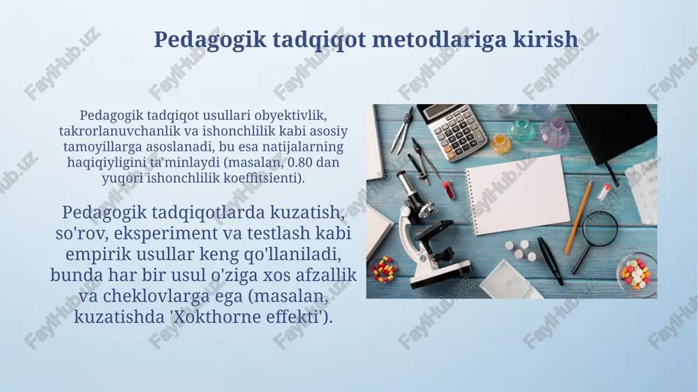 ijalar 1 dan 10 gacha baholanadi. so'rovnomalar talabalarning darsga bo'lgan munosabatini o'rganishda qo'llaniladi, unda 20 ta savol bo'lib, javoblar foiz (%) orqali tahlil qilinadi. tadqiqot natijalarini talqin qilish va xulosalar talqin natijalari 0.05 dan kichik p-qiymatlar statistik ahamiyatlilikni ko'rsatadi, bu nazariyaning 95% ishonch oralig'ida tasdiqlanishiga olib keladi. kvantitativ tadqiqotda xulosalar 75% javob beruvchilarning fikrlarini aks ettiradi, bu esa pedagogik strategiyani takomillashtirish uchun asos bo'ladi. tadqiqot natijalarini taqdim etish va joriy qilish tadqiqot natijalari taqdimoti ilmiy maqolalar, konferensiya nutqlari orqali amalga oshiriladi, unda 70-80% ishonchlilik darajasidagi statistik ma'lumotlar ko'rsatiladi. joriy qilish jarayoni eksperimental sinov dasturlarini o'z ichiga oladi, bu esa yangi pedagogik texnologiyalarni 2-3 ta ta'lim muassasasida sinab ko'rish imkonini beradi. e'tiboringiz uchun rahmat image4.png image6.jpg image7.jpg image8.jpg image9.jpg image10.jpg image11.jpg image12.jpg image13.jpg image14.jpg image15.jpg image16.jpg image17.jpg image3.jpeg