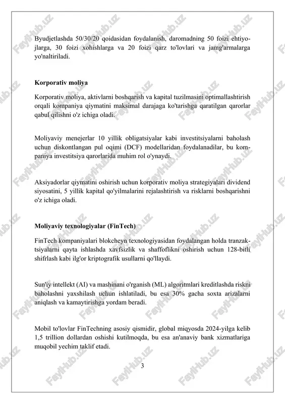 . shaxsiy moliya, bu sizning daromadingiz, xarajatlaringiz, investitsiyalaringizni boshqarish va moliyaviy maqsadlaringizga erishish uchun 50/30/20 qoidasi kabi byudjet usullarini qo'llashni anglatadi. byudjetlashtirish va prognozlash prognozlash 5 yillik sotuvlar tendentsiyalari asosida, kelgusi chorakda mahsulotga bo'lgan talabni 15% ga oshirishni taxmin qilish kabi kelajakdagi natijalarni oldindan ko'rish jarayonidir. byudjetlashtirish, joriy xarajatlarni 10% ga kamaytirishni maqsad qilib, moliyaviy barqarorlikni ta'minlash uchun keyingi uch yilga daromad va xarajatlarni rejalashtirishni o'z ichiga oladi. byudjetlash va prognozlashda roi (investitsiyalarning rentabelligi) kabi muhim ko'rsatkichlar hisobga olinadi, masalan, marketing kampaniyalaridan olinadigan foyda kamida 20% bo'lishi kerak. moliyaviy bozorlar o'zbekistonda moliyaviy bozor kapital bozori, valyuta bozori va pul bozoridan iborat bo'lib, har biri turli moliyaviy instrumentlar bilan savdo qiladi. moliyaviy bozorlar pul, qimmatli qog'ozlar va derivativlar kabi aktivlarni sotish va sotib olish uchun joy bo'lib, 200 dan ortiq xalqaro birjalarda amalga oshiriladi. foiz stavkalari, inflyatsiya darajasi va siyosiy barqarorlik kabi omillar moliyaviy bozorlarga sezilarli ta'sir ko'rsatadi, ularning aktiv narxlariga …