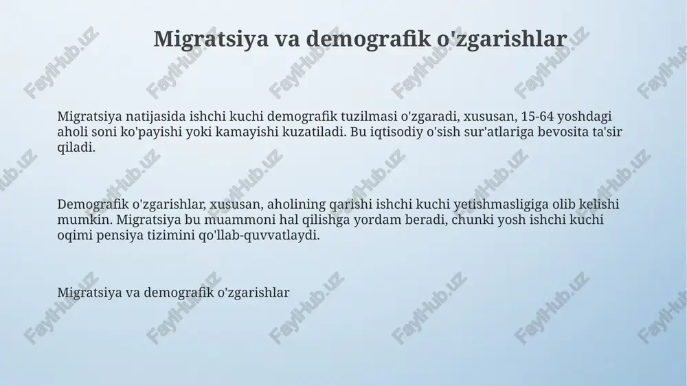 radi. ta'lim va malaka oshirish imkoniyatlari migratsiya va mehnat bozoridagi o'zgarishlar migratsiya mehnat bozorida ishchi kuchi taqsimotini o'zgartiradi. yuqori malakali migrantlar 10% dan ortiq ish haqi oshishiga olib kelishi mumkin, malakasizlar esa aksincha. migrantlarning pul o'tkazmalari yaimning 8% gacha qismini tashkil etishi mumkin. bu resurslar infratuzilma loyihalari va ta'limga investitsiya qilinib, iqtisodiy o'sishni tezlashtirishi mumkin. migratsiya mamlakatning demografik tarkibiga ta'sir etib, yoshlar ulushini oshirishi yoki kamaytirishi mumkin. bu 15-64 yoshdagi aholining mehnat unumdorligiga 5% gacha ta'sir qilishi mumkin. soliq tushumlari va davlat byudjeti soliq tushumlari va davlat byudjeti migrantlarning pul o'tkazmalari soliqqa tortilmaydi, lekin ularning xarajatlari qqs kabi bilvosita soliqlar orqali davlat byudjetiga qo'shimcha 10-15% daromad keltiradi. soliq tushumlarining o'zgarishi, byudjet siyosatida 3-5% o'zgarishlarga olib kelishi mumkin. masalan, infratuzilmani yaxshilash kabi sarmoyaviy loyihalarni moliyalashtirishga ta'sir qilishi mumkin. tadbirkorlik va yangi ish o'rinlari yaratish yangi tadbirkorlarni qo'llab-quvvatlash maqsadida 100 dan ortiq "startup" loyihalarini moliyalashtirishga 15 milliard so'm ajratilgan. innovatsiya - muhim …