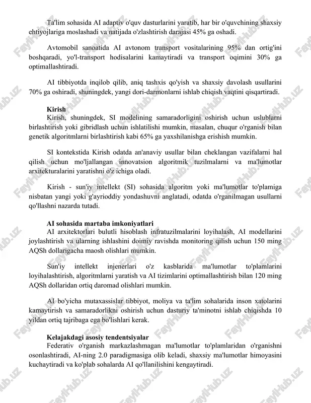 i 45% ga oshadi. avtomobil sanoatida ai avtonom transport vositalarining 95% dan ortig'ini boshqaradi, yo'l-transport hodisalarini kamaytiradi va transport oqimini 30% ga optimallashtiradi. ai tibbiyotda inqilob qilib, aniq tashxis qo'yish va shaxsiy davolash usullarini 70% ga oshiradi, shuningdek, yangi dori-darmonlarni ishlab chiqish vaqtini qisqartiradi. kirish kirish, shuningdek, si modelining samaradorligini oshirish uchun uslublarni birlashtirish yoki gibridlash uchun ishlatilishi mumkin, masalan, chuqur o'rganish bilan genetik algoritmlarni birlashtirish kabi 65% ga yaxshilanishga erishish mumkin. si kontekstida kirish odatda an'anaviy usullar bilan cheklangan vazifalarni hal qilish uchun mo'ljallangan innovatsion algoritmik tuzilmalarni va ma'lumotlar arxitekturalarini yaratishni o'z ichiga oladi. kirish - sun'iy intellekt (si) sohasida algoritm yoki ma'lumotlar to'plamiga nisbatan yangi yoki g'ayrioddiy yondashuvni anglatadi, odatda o'rganilmagan usullarni qo'llashni nazarda tutadi. ai sohasida martaba imkoniyatlari ai arxitektorlari bulutli hisoblash infratuzilmalarini loyihalash, ai modellarini joylashtirish va ularning ishlashini doimiy ravishda monitoring qilish uchun 150 ming aqsh dollarigacha maosh olishlari mumkin. sun'iy intellekt injenerlari o'z kasblarida …