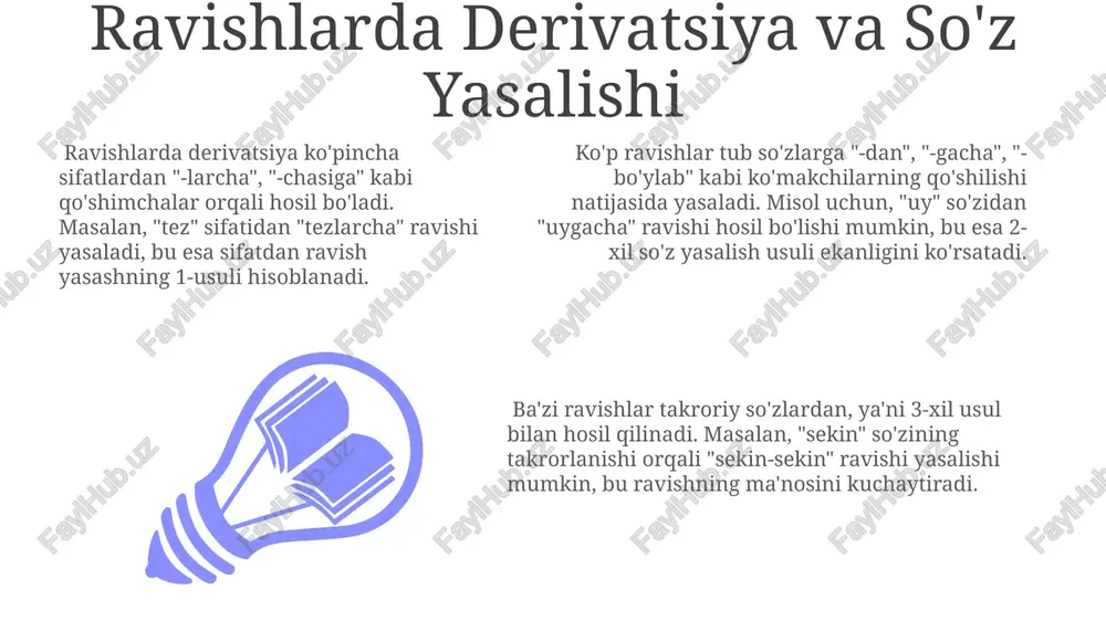va modellari so'z yasalish modellari 2 turga bo'linadi: unumli va unumsiz. unumli modellarda yangi so'zlar osonlikcha yasaladi, masalan, "-chi" qo'shimchasi orqali kasb nomlari (tikuvchi, quruvchi) hosil qilish. so'z yasalishining 4 ta asosiy modeli bor: affiksatsiya (qo'shimchalar orqali), kompozitsiya (qo'shilish), konversiya (o'tish) va qisqartirish. affiksatsiya eng keng tarqalgan usul bo'lib, 2 ta asosiy turga bo'linadi: prefiksatsiya va suffiksatsiya. so'z yasalishida 3 ta asosiy usul mavjud: morfologik, sintaktik va leksik-semantik usullar. morfologik usulda affikslar (qo'shimchalar) qo'shish orqali so'zlar hosil qilinadi, masalan, "o'qi" fe'lidan "o'quvchi" ot yasash. affiksatsiya: prefikslar, suffikslar va infikslar affiksatsiya: prefikslar, suffikslar va infikslar affiksatsiya: prefikslar, suffikslar va infikslar affiksatsiya: prefikslar, suffikslar va infikslar grammatik shakl: tushuncha va turlari soʻzning grammatik shakli 3 xil yoʻl bilan ifodalanishi mumkin: affiksatsiya (qoʻshimchalar bilan), ichki fleksiya (oʻzakdagi tovush oʻzgarishi, kam uchraydi) va suppletivizm (oʻzakning butunlay oʻzgarishi). bu usullar grammatik ma’noni bildiradi. grammatik shakl: tushuncha va turlari grammatik shakl – soʻzning 1 yoki undan …